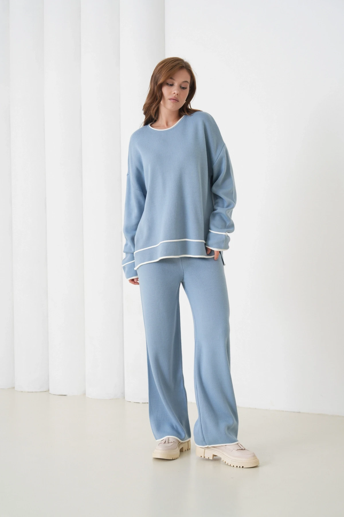 Kadın Bisiklet Yaka Oversize Kazak Pantolon Triko Alt-Üst Takım