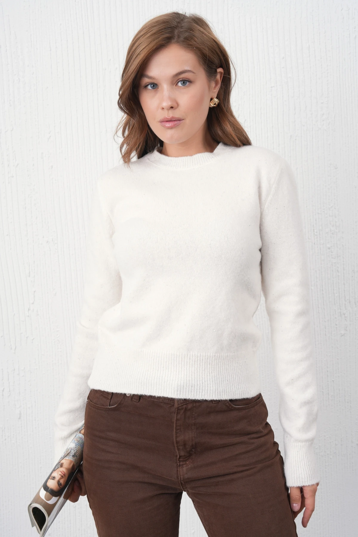 Kadın Kemik Bisiklet Yaka Simli Yumuşak Dokulu Triko Kazak