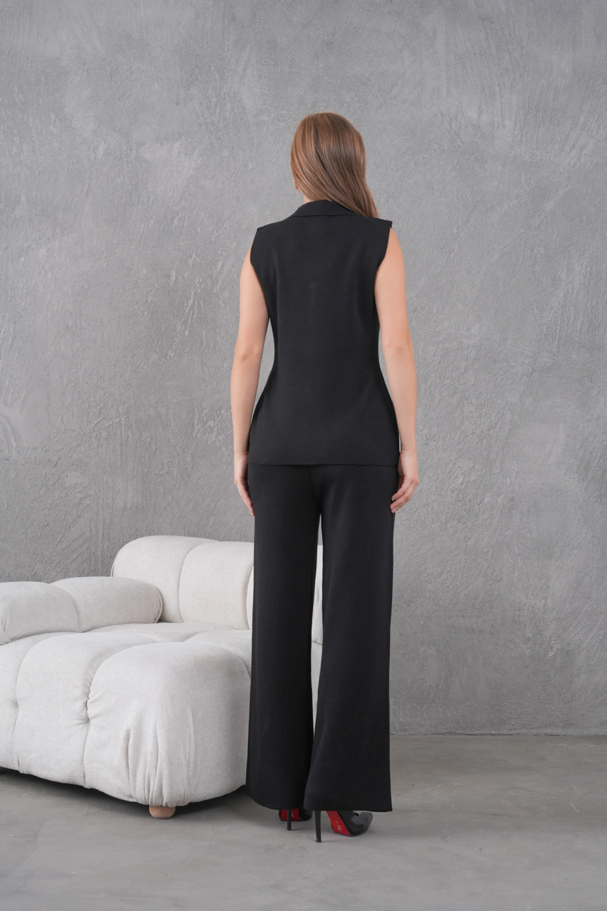 Kadın Siyah Gömlek Yaka Düğmeli Yelek Palazzo Pantolon Triko Alt-Üst Takım