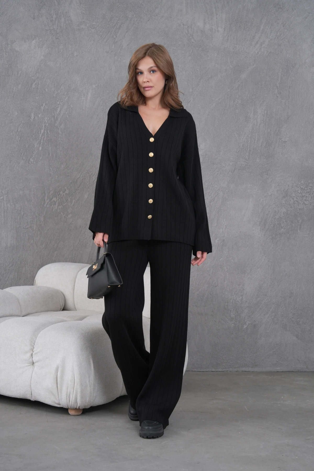 Kadın Siyah Kendinden Dokulu Düğmeli Kazak Pantolon Triko Alt-Üst Takım