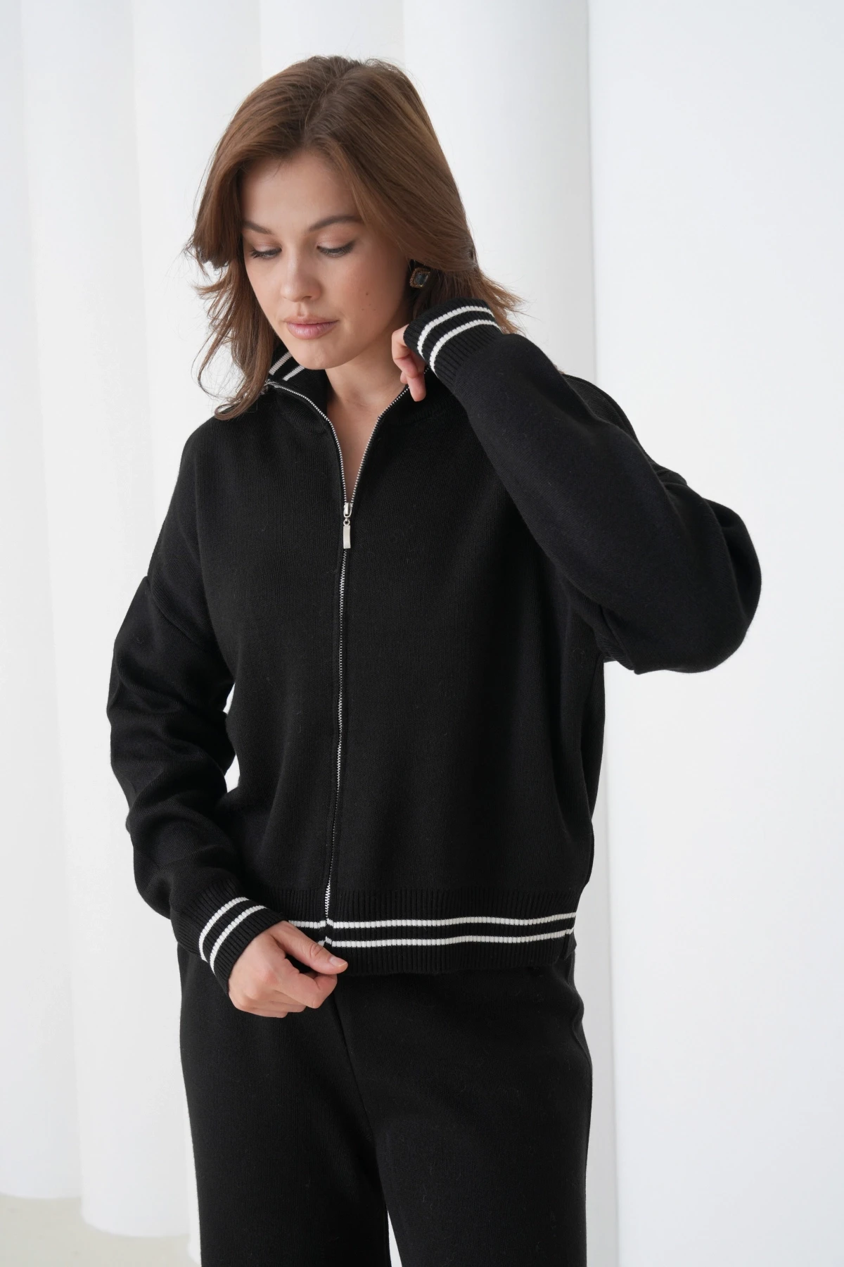 Kadın Siyah Polo Yaka Fermuarlı Kazak Pantolon Triko Alt-Üst Takım