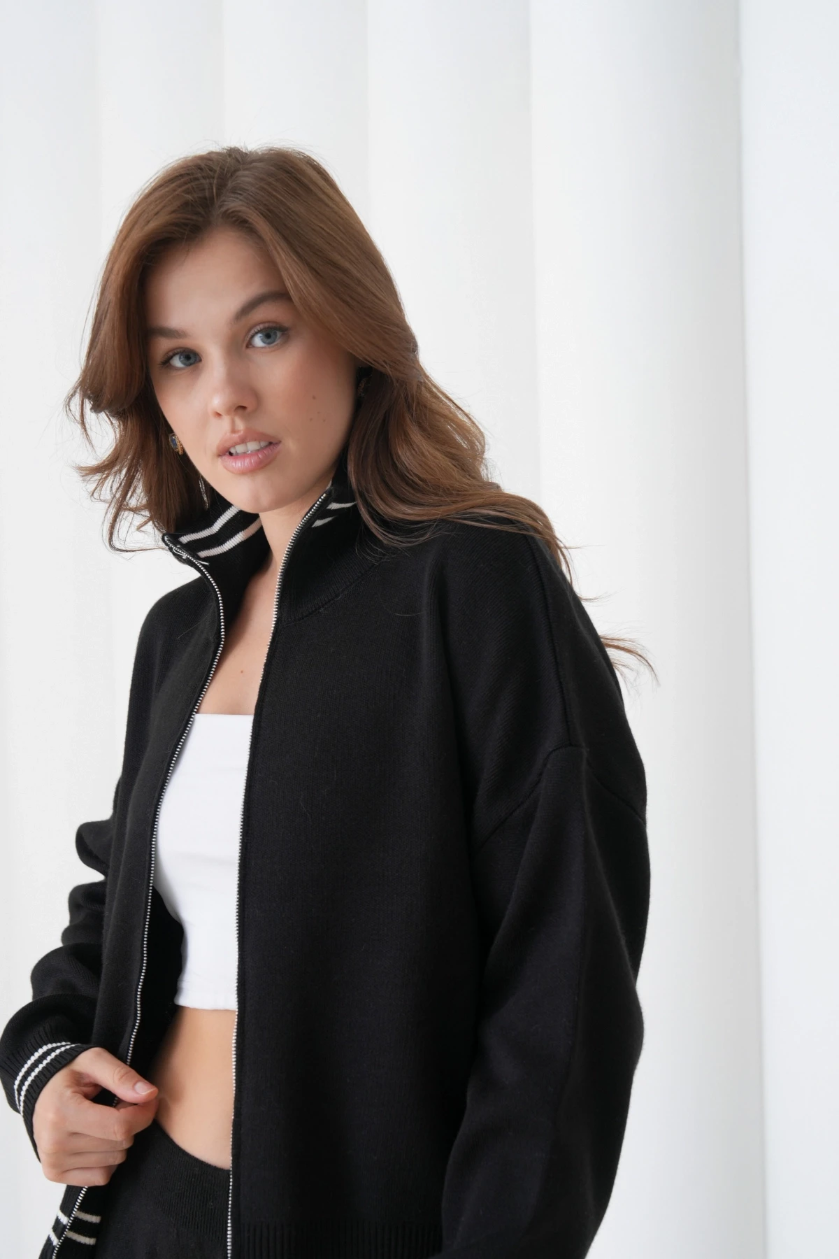 Kadın Siyah Polo Yaka Fermuarlı Kazak Pantolon Triko Alt-Üst Takım