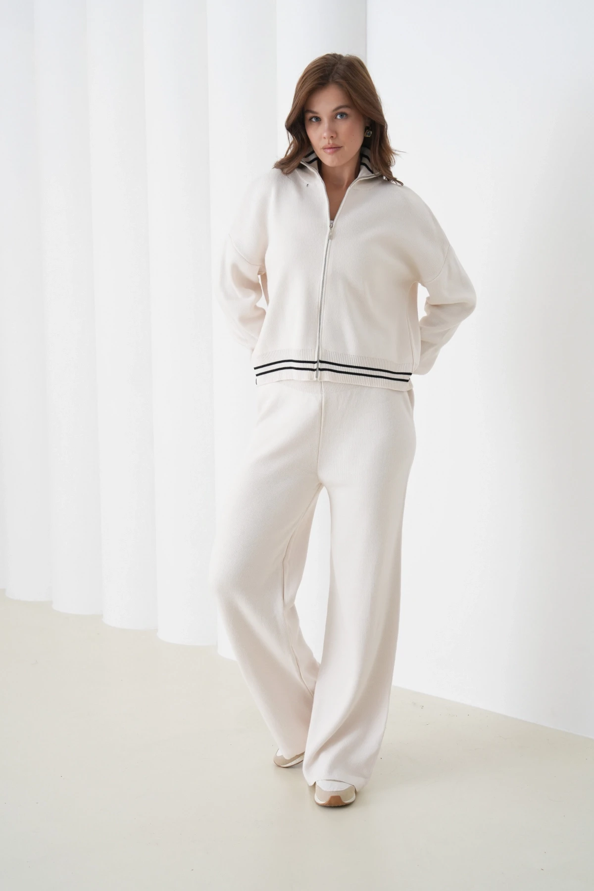 Kadın Polo Yaka Fermuarlı Kazak Pantolon Triko Alt-Üst Takım