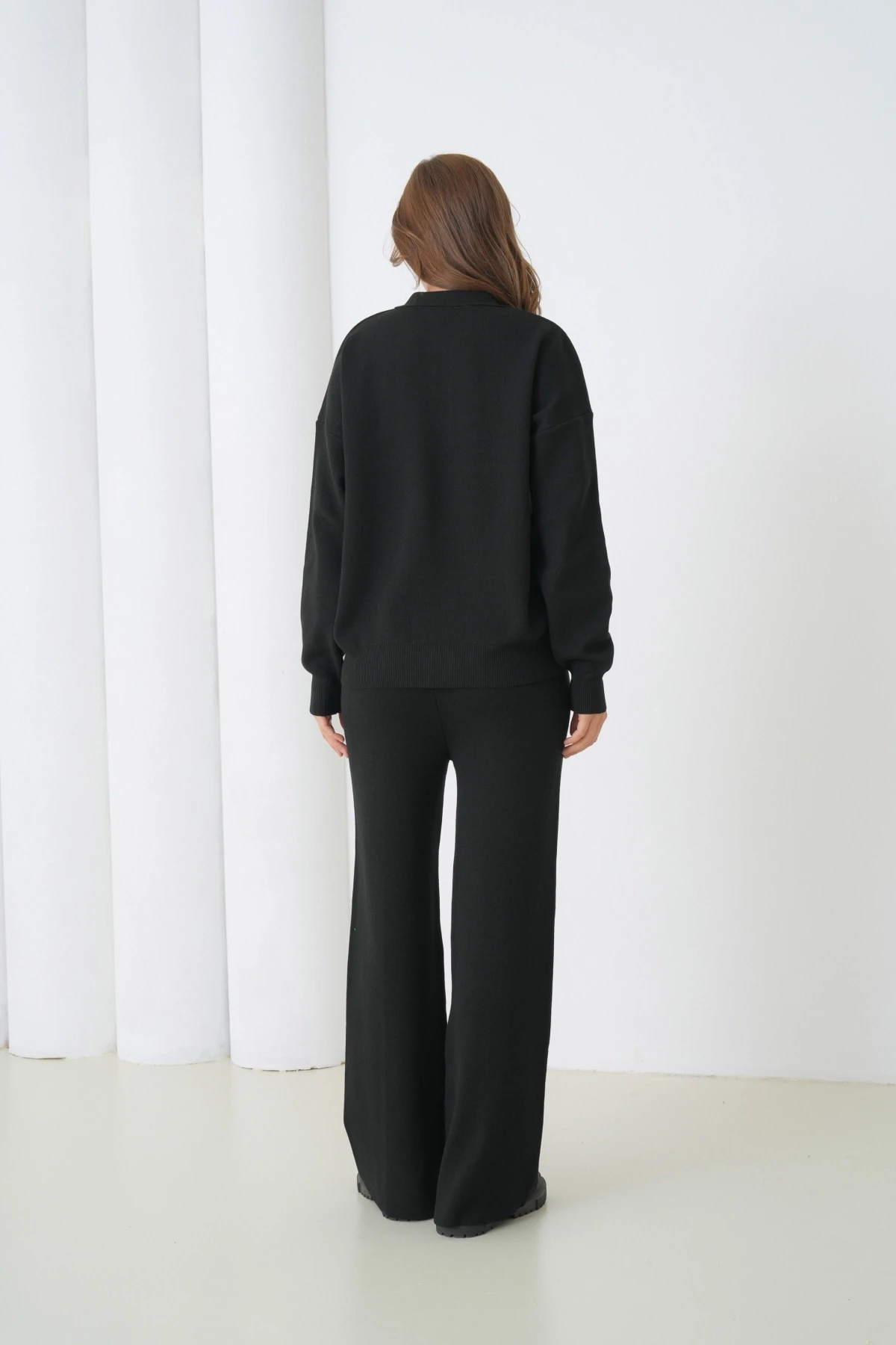 Kadın Siyah Polo Yaka Kazak Pantolon Triko Alt-Üst Takım