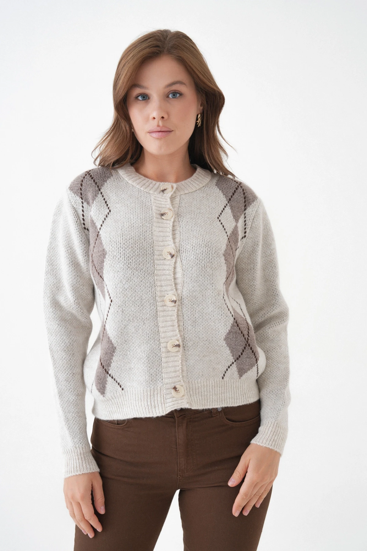 Kadın Taş Bisiklet Yaka Düğme Detay Desenli Triko Hırka