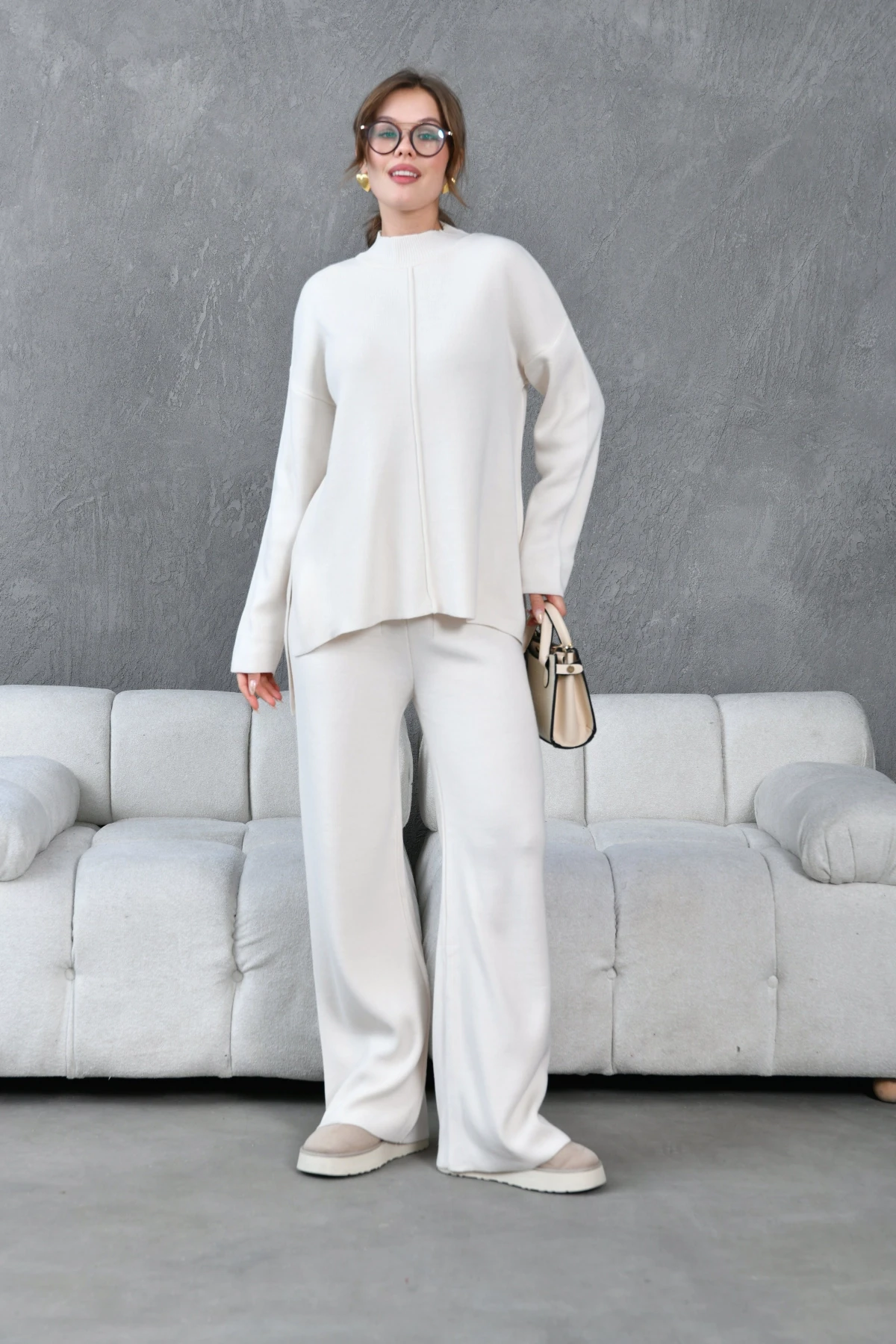 Kadın Taş Dik Yaka Yırtmaçlı Kazak Pantolon Triko Alt-Üst Takım