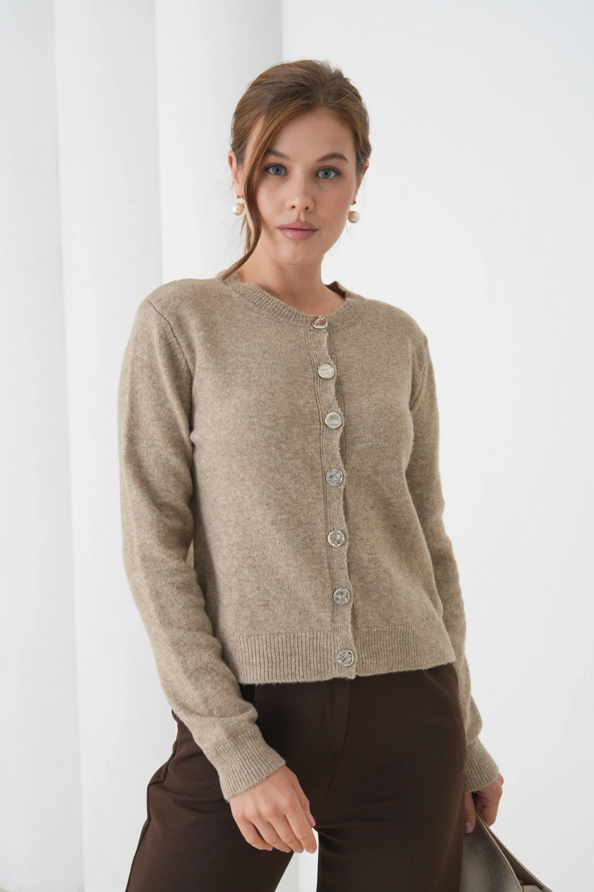 Kadın Vizon Bisiklet Yaka Düğme Detay Yumuşak Dokulu Triko Hırka