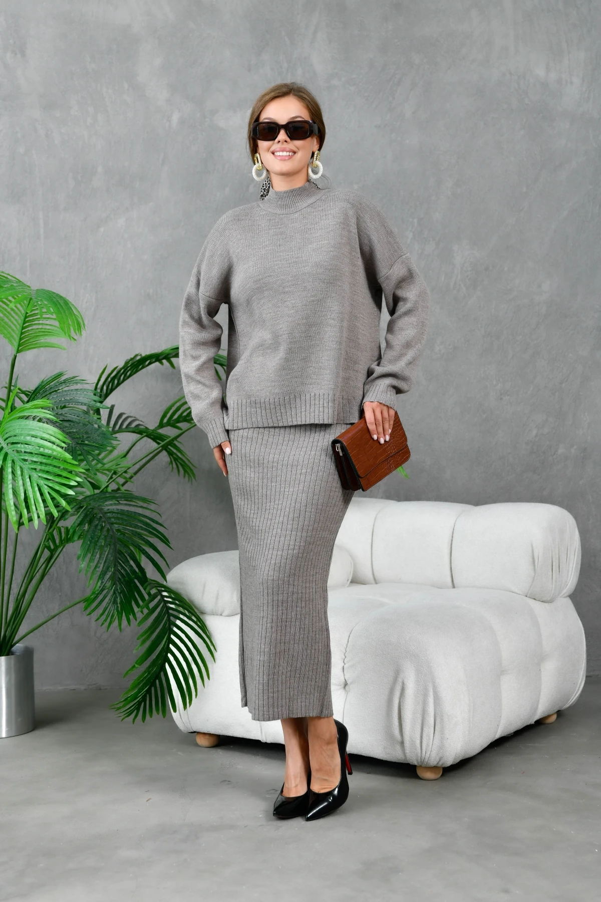 Kadın Vizon Dik Yaka Salaş Kazak Uzun Etekli İkili Triko Takım