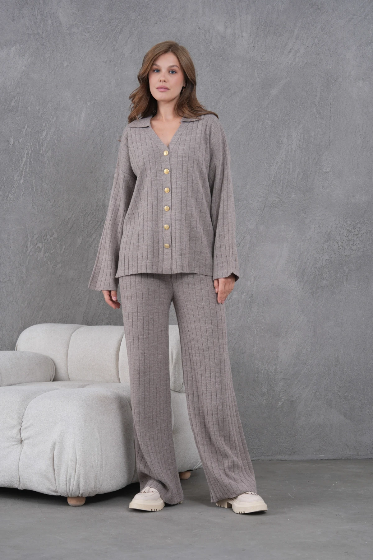 Kadın Vizon Kendinden Dokulu Düğmeli Kazak Pantolon Triko Alt-Üst Takım