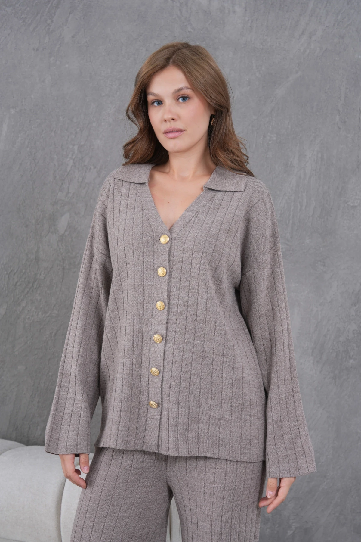 Kadın Vizon Kendinden Dokulu Düğmeli Kazak Pantolon Triko Alt-Üst Takım