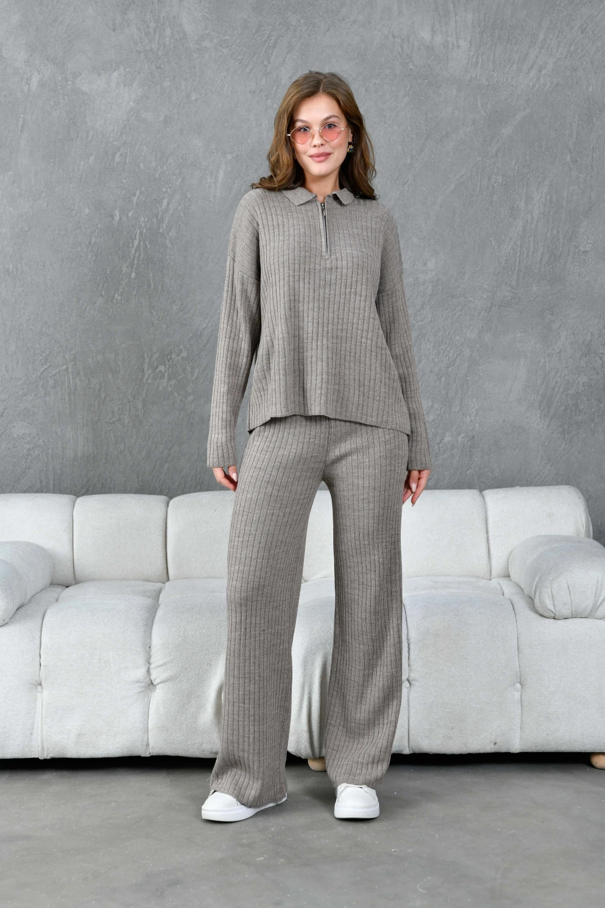 Kadın Vizon Polo Yaka Oversize Kazak Pantolon Triko Alt-Üst Takım