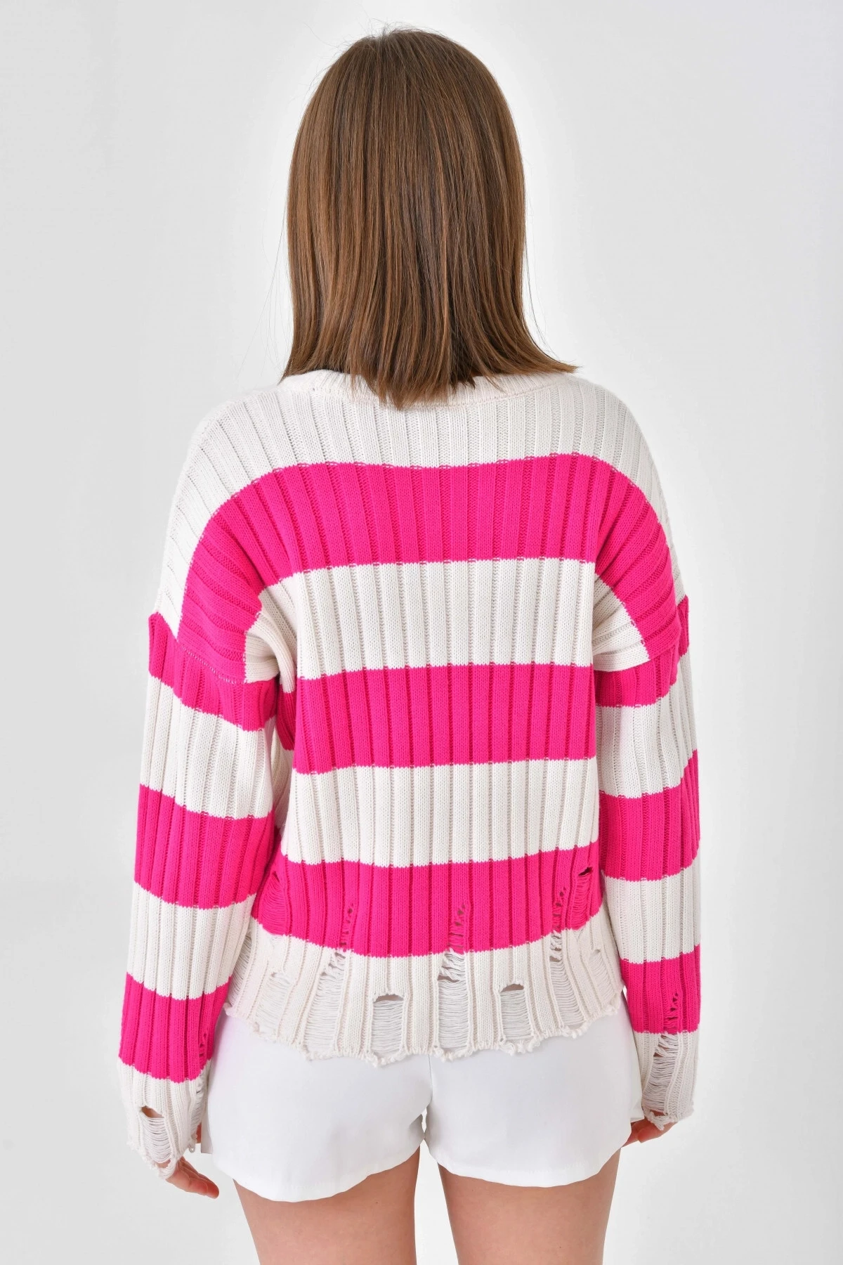 Pembe Beyaz Bisiklet Yaka Triko Kazak