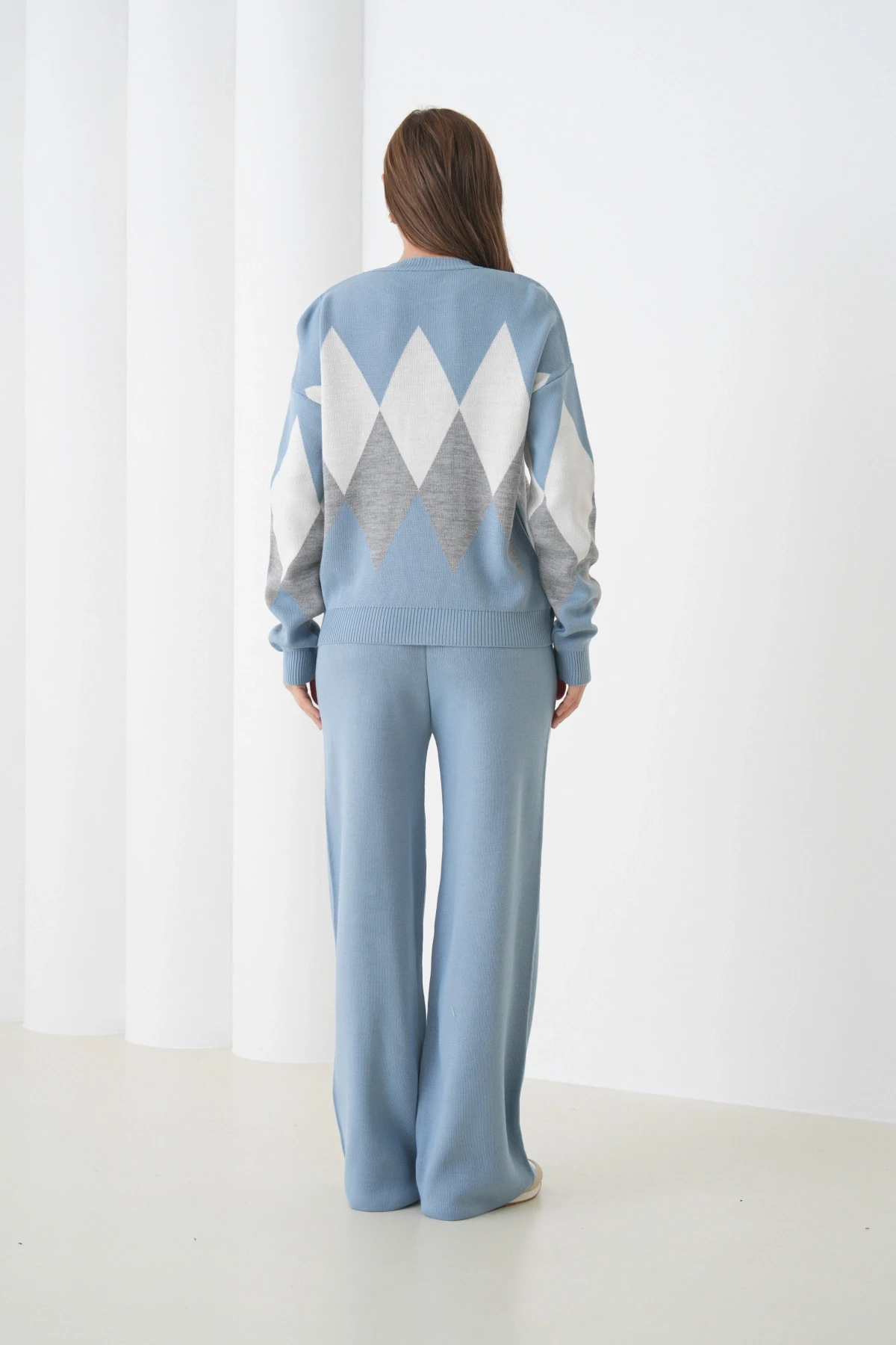 Kadın Açık Mavi Bisiklet Yaka Baklava Desenli Kazak Pantolon Triko Alt-Üst Takım 214076