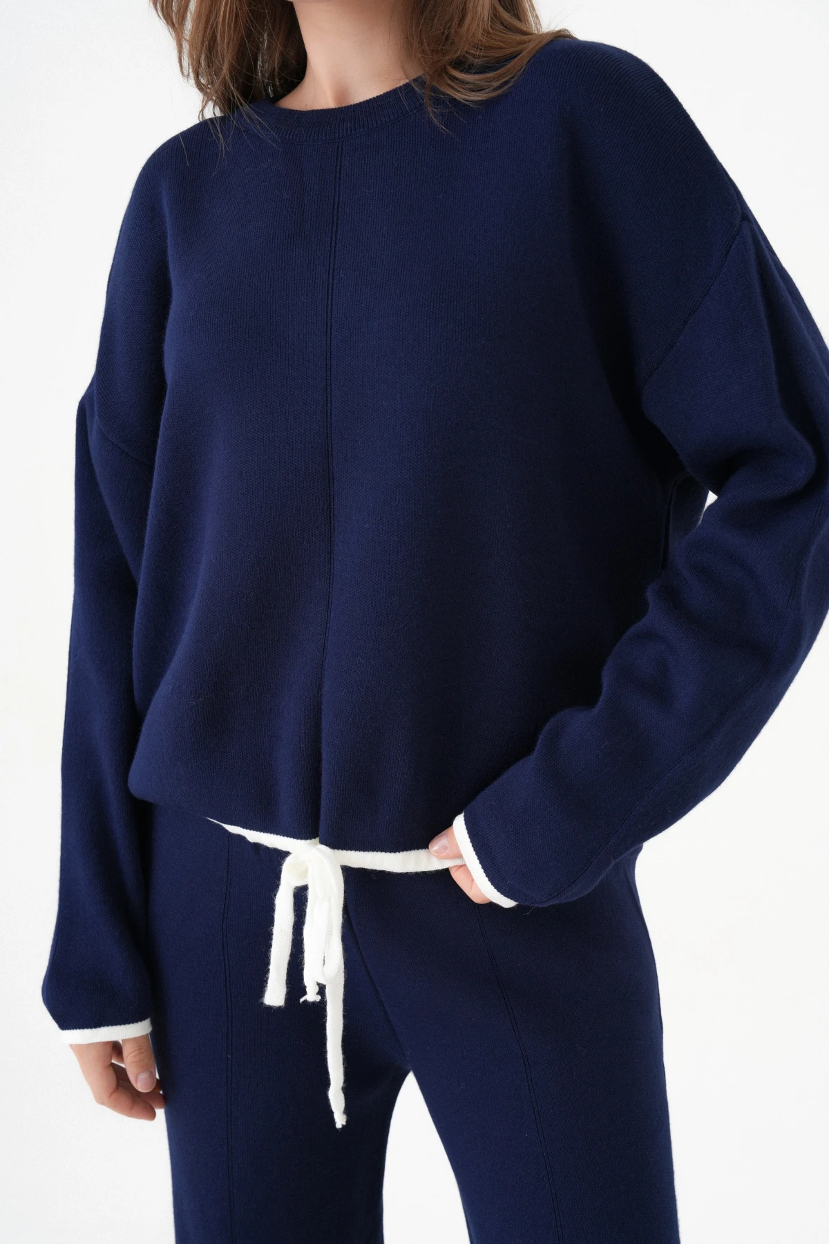 Kadın Bisiklet Yaka Bağcıklı Kazak Pantolon Alt-Üst Triko Takım