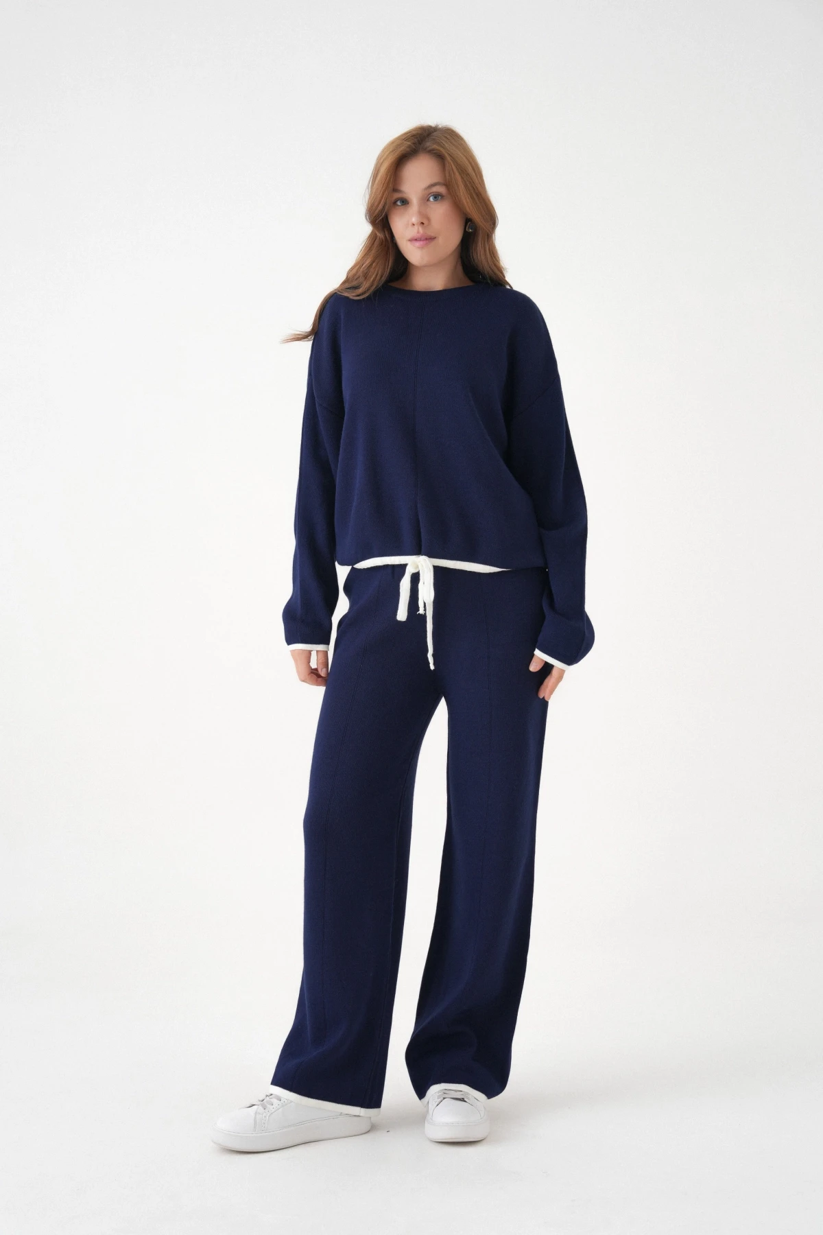 Kadın Bisiklet Yaka Bağcıklı Kazak Pantolon Alt-Üst Triko Takım