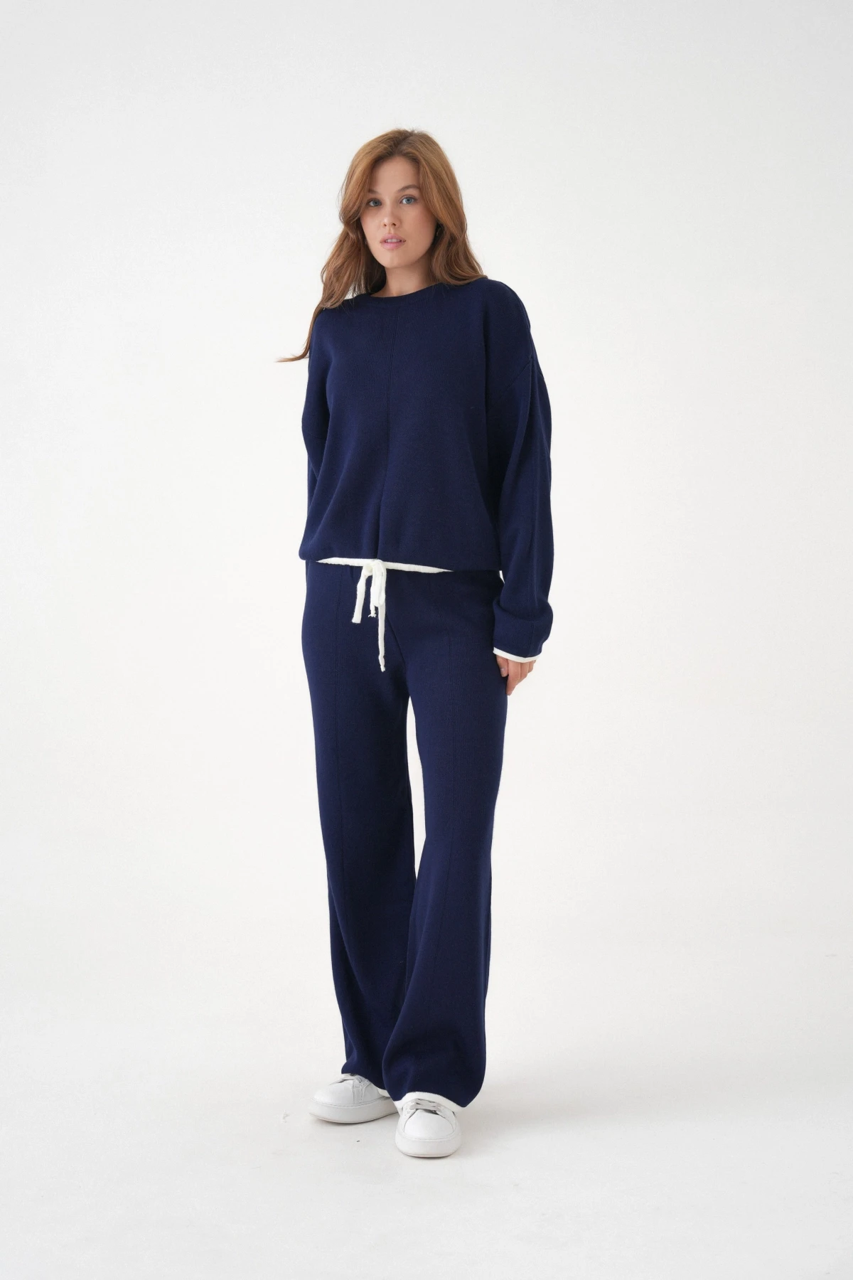 Kadın Bisiklet Yaka Bağcıklı Kazak Pantolon Alt-Üst Triko Takım