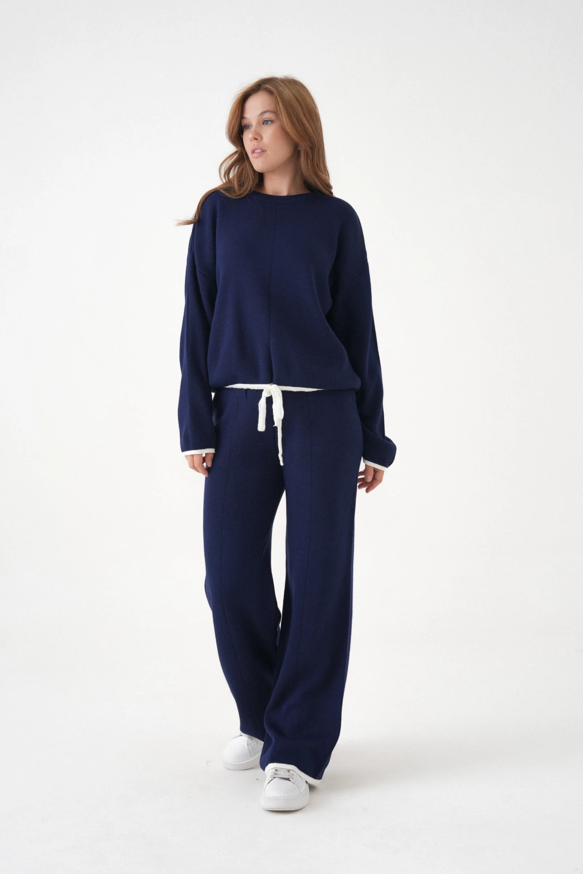 Kadın Bisiklet Yaka Bağcıklı Kazak Pantolon Alt-Üst Triko Takım