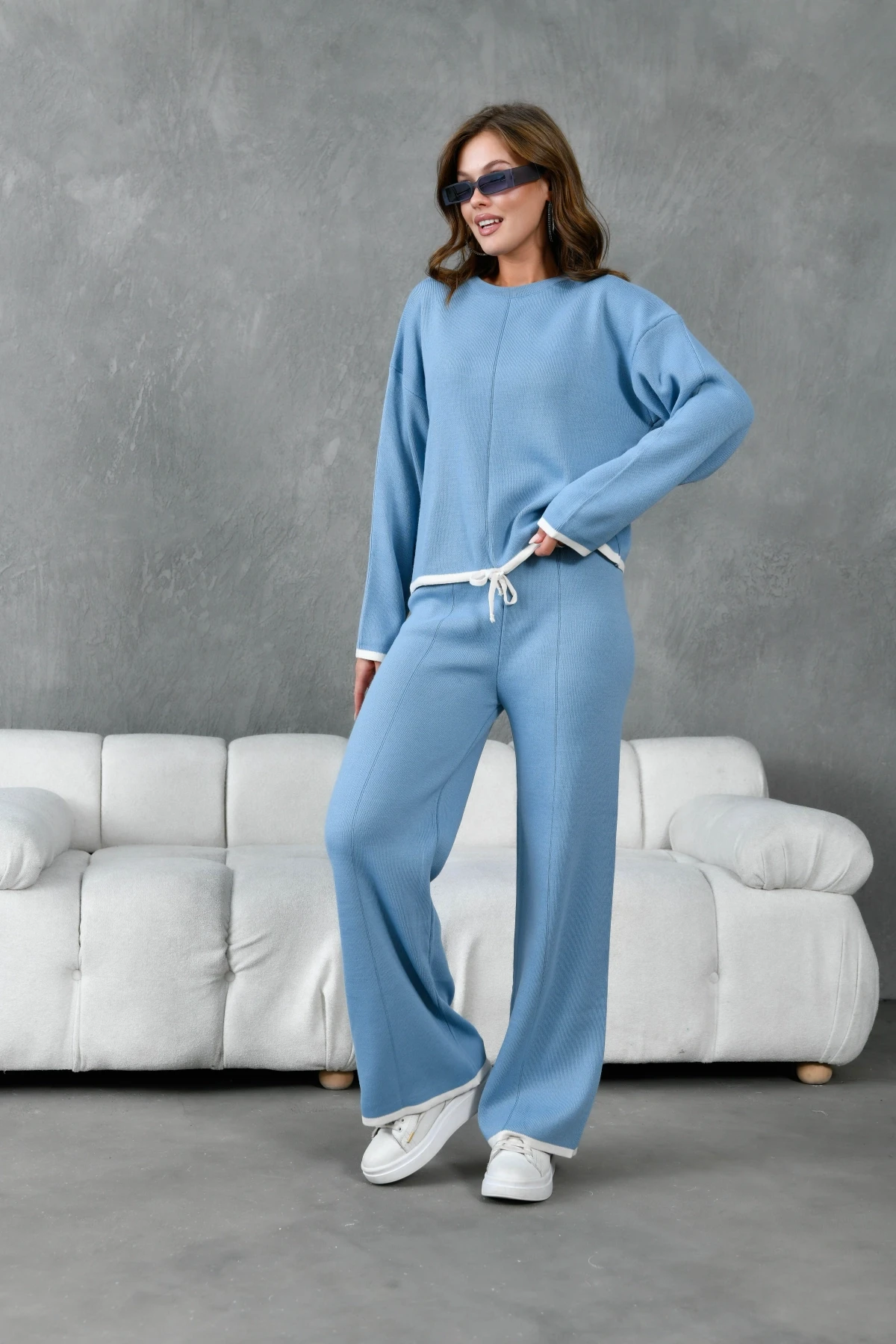 Kadın Bisiklet Yaka Bağcıklı Kazak Pantolon Alt-Üst Triko Takım