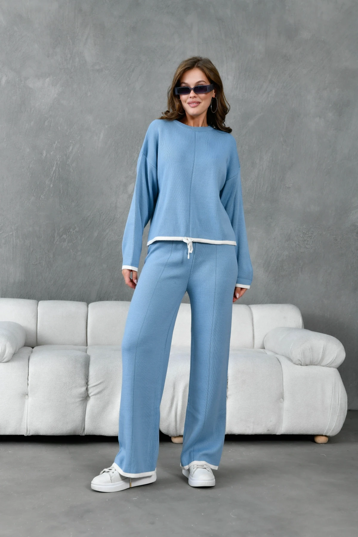 Kadın Bisiklet Yaka Bağcıklı Kazak Pantolon Alt-Üst Triko Takım