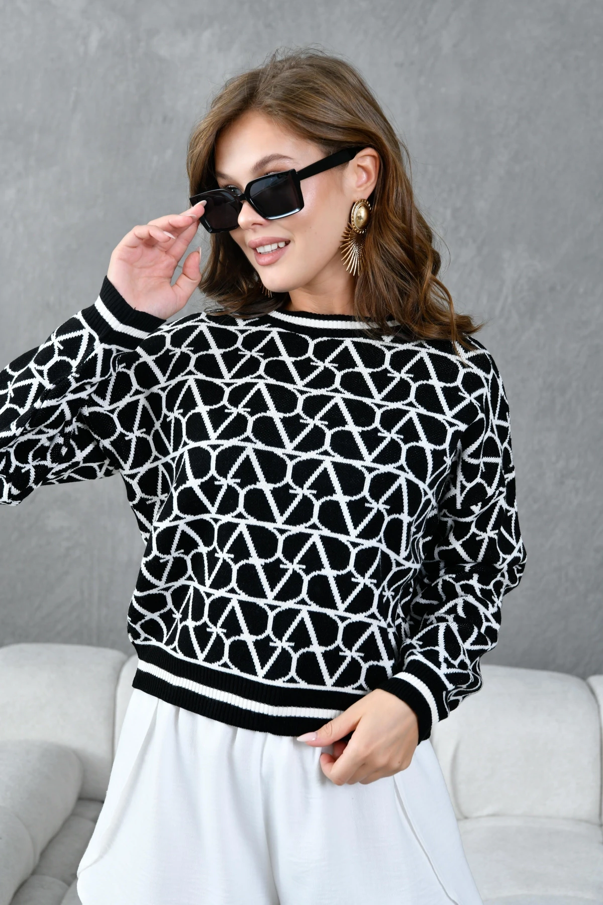 Kadın Bisiklet Yaka Desenli Oversize Triko Kazak