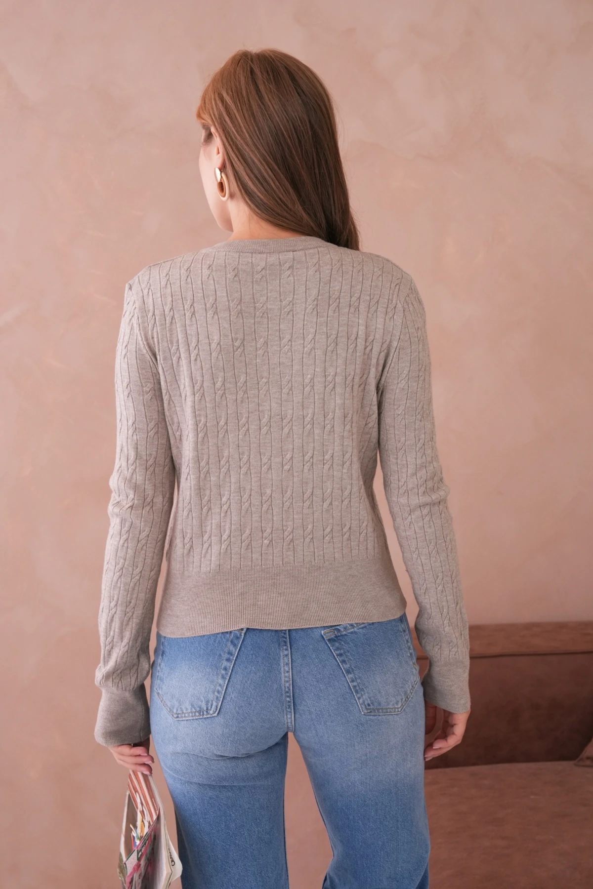 Kadın Bisiklet Yaka Düğme Detay Saç Örgü Yumuşak Dokulu Triko Hırka 