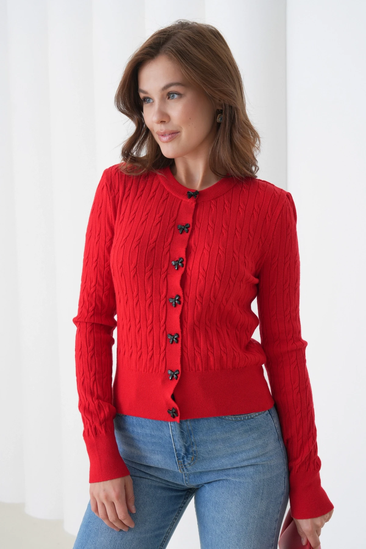 Kadın Bisiklet Yaka Düğme Detay Saç Örgü Yumuşak Dokulu Triko Hırka 