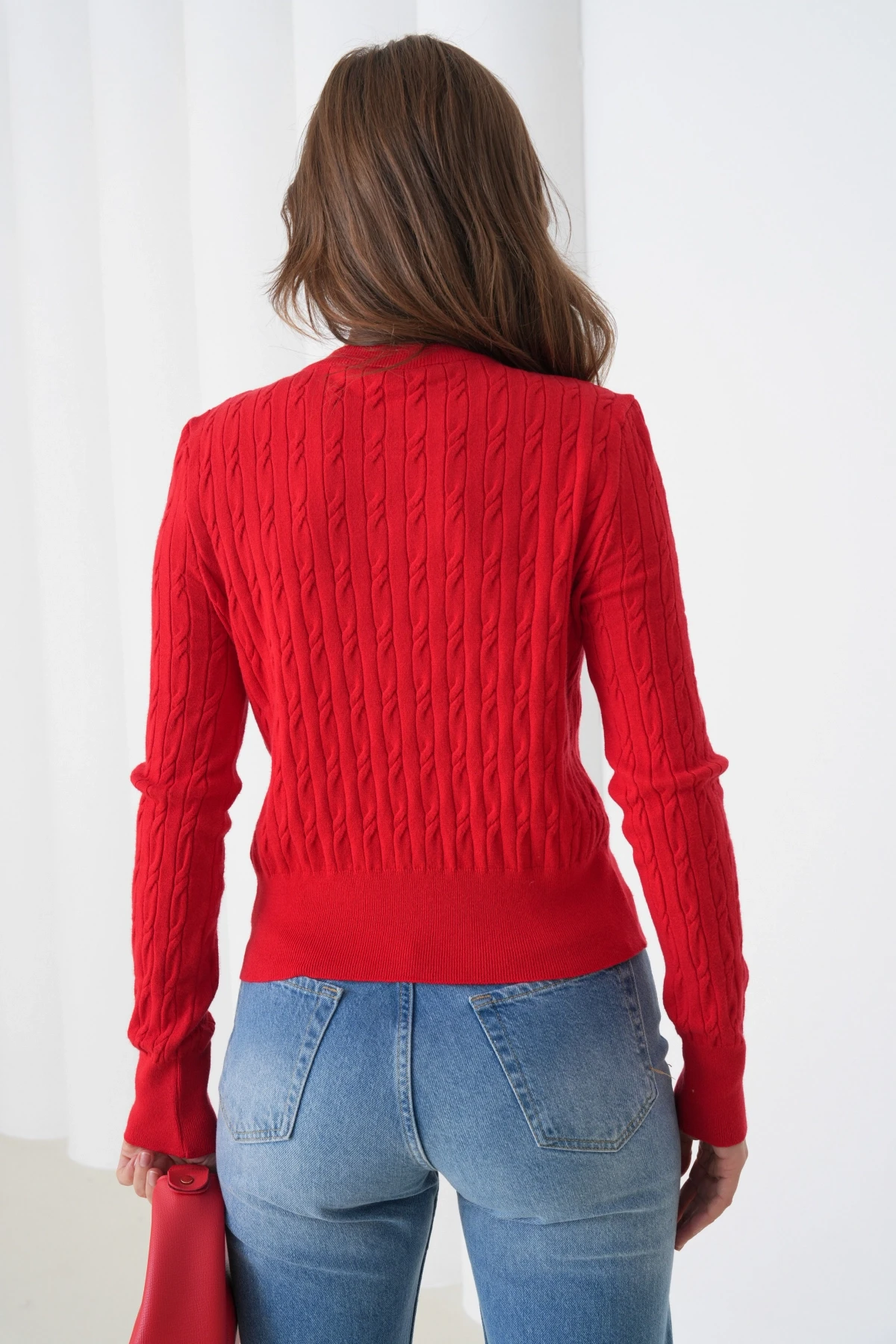 Kadın Bisiklet Yaka Düğme Detay Saç Örgü Yumuşak Dokulu Triko Hırka 