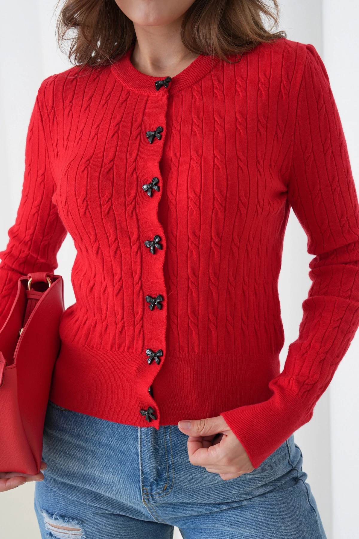 Kadın Bisiklet Yaka Düğme Detay Saç Örgü Yumuşak Dokulu Triko Hırka 