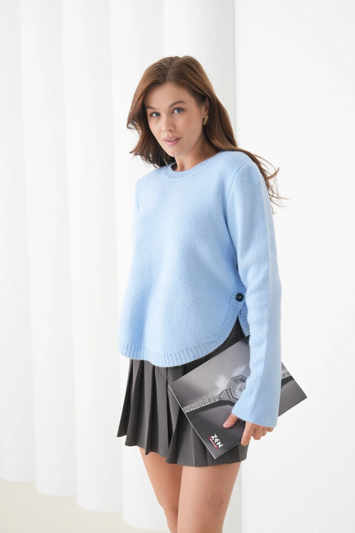 Kadın Bisiklet Yaka Düğme Detay Yırtmaçlı Triko Kazak