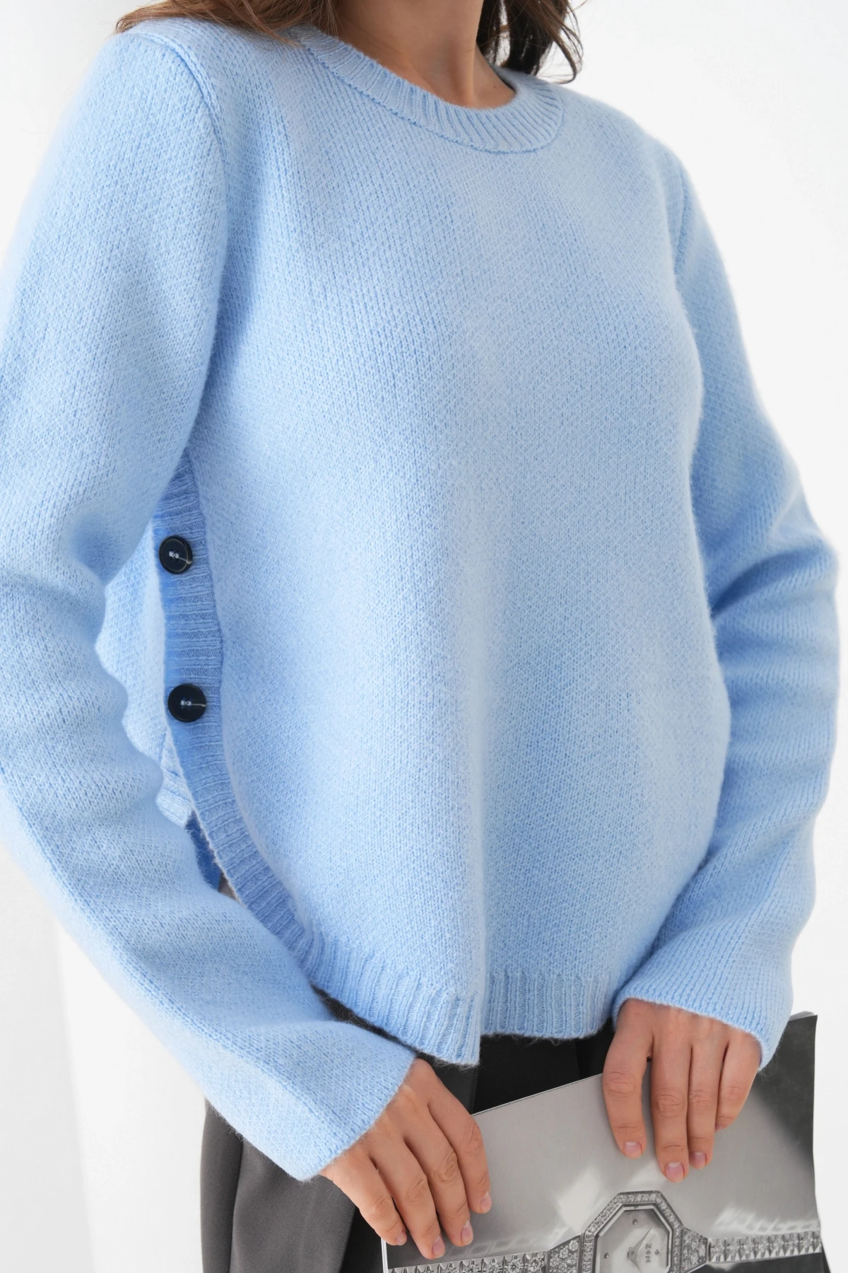 Kadın Bisiklet Yaka Düğme Detay Yırtmaçlı Triko Kazak