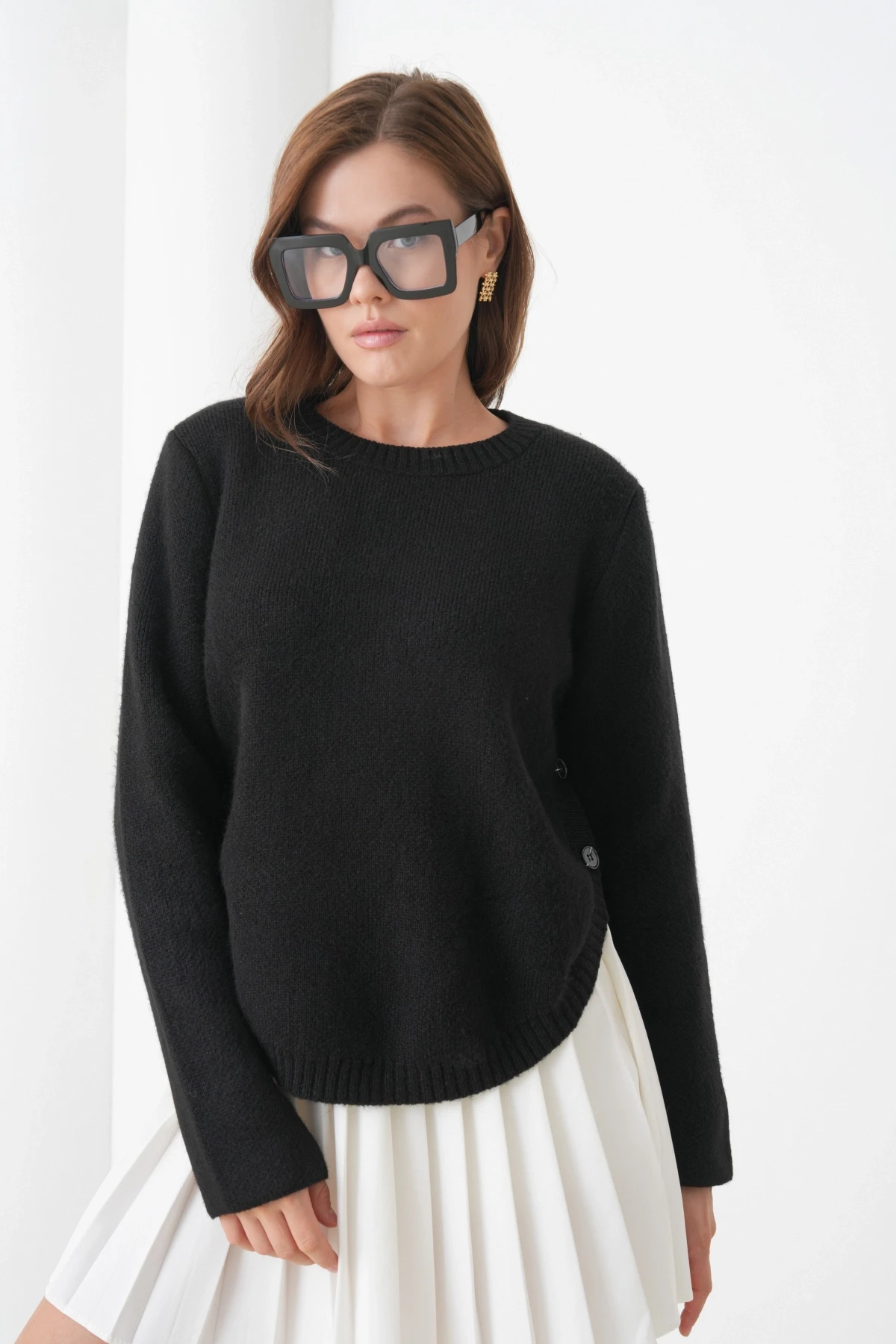 Kadın Bisiklet Yaka Düğme Detay Yırtmaçlı Triko Kazak