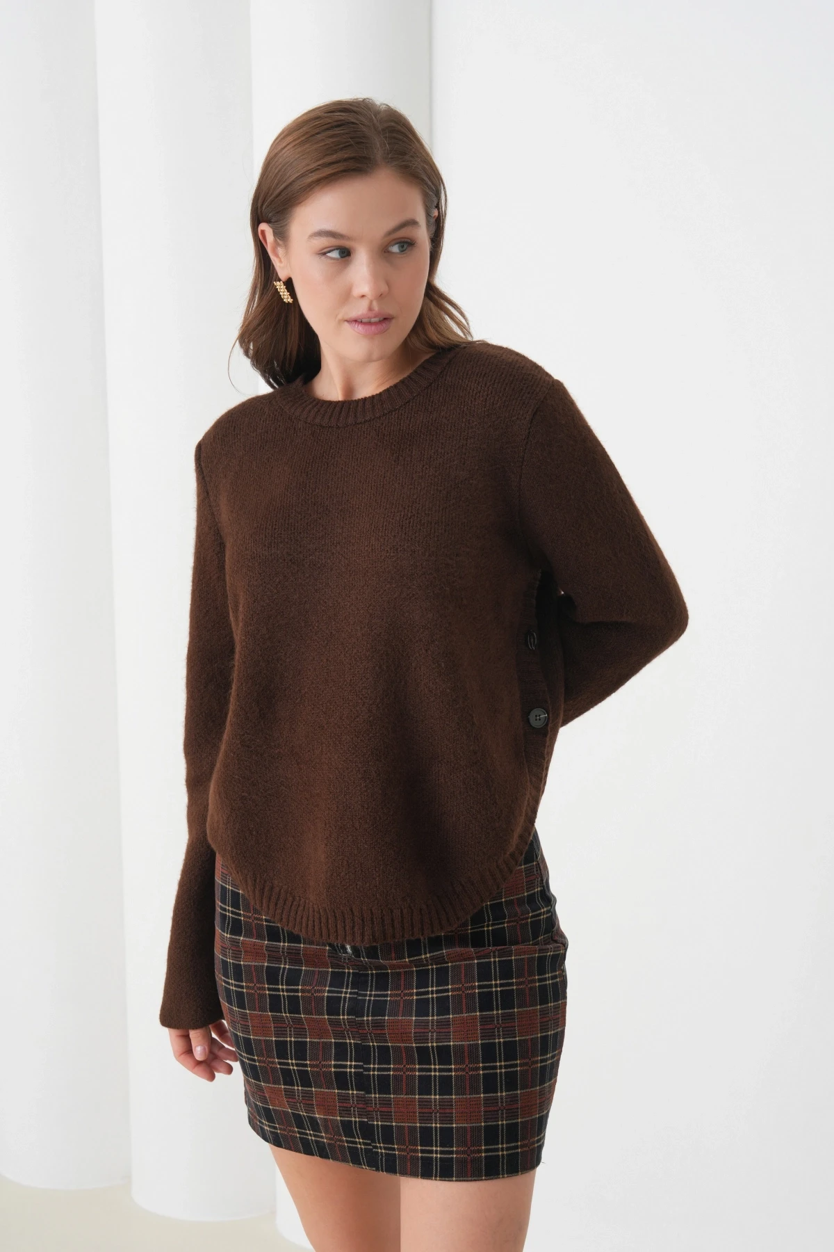 Kadın Bisiklet Yaka Düğme Detay Yırtmaçlı Triko Kazak