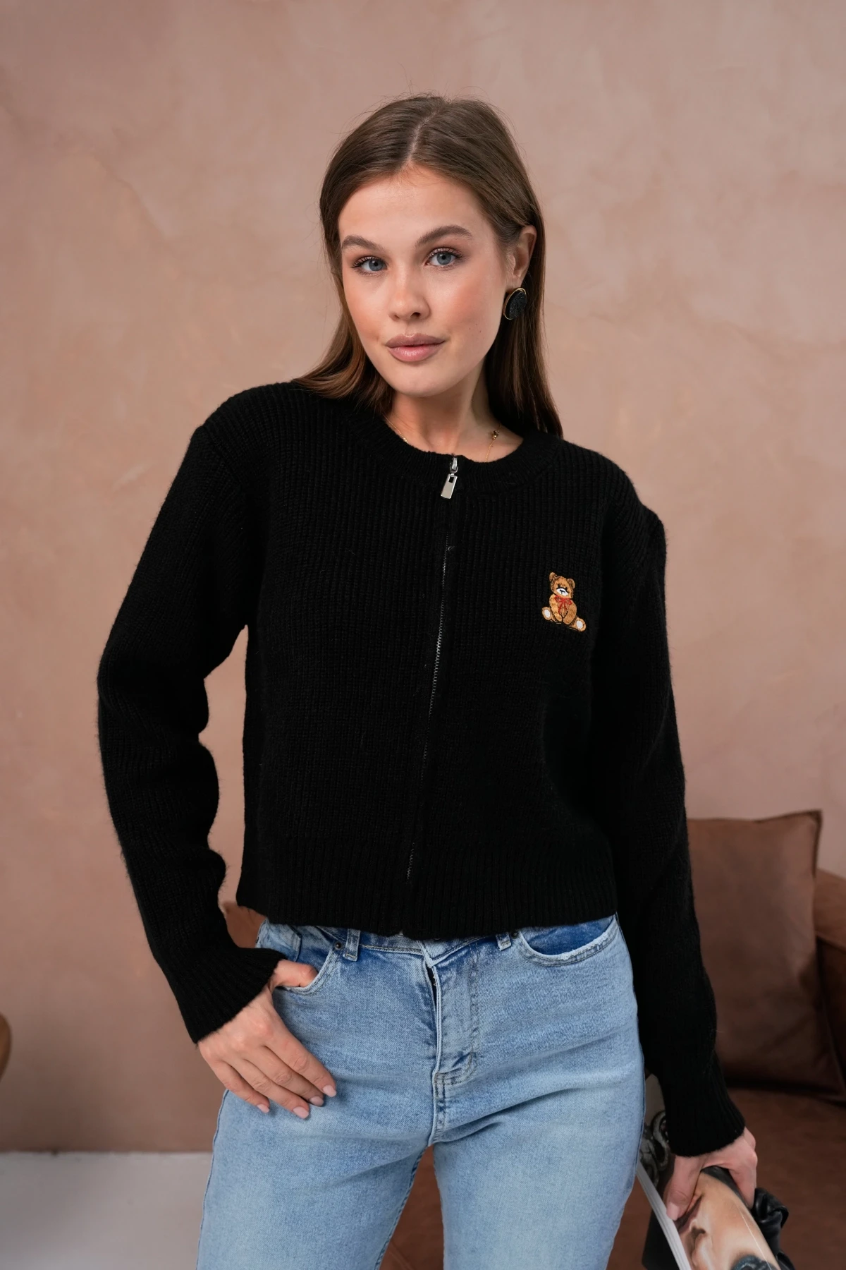 Kadın Bisiklet Yaka Fermuar Kapama Nakışlı Kaşkorse Triko Hırka