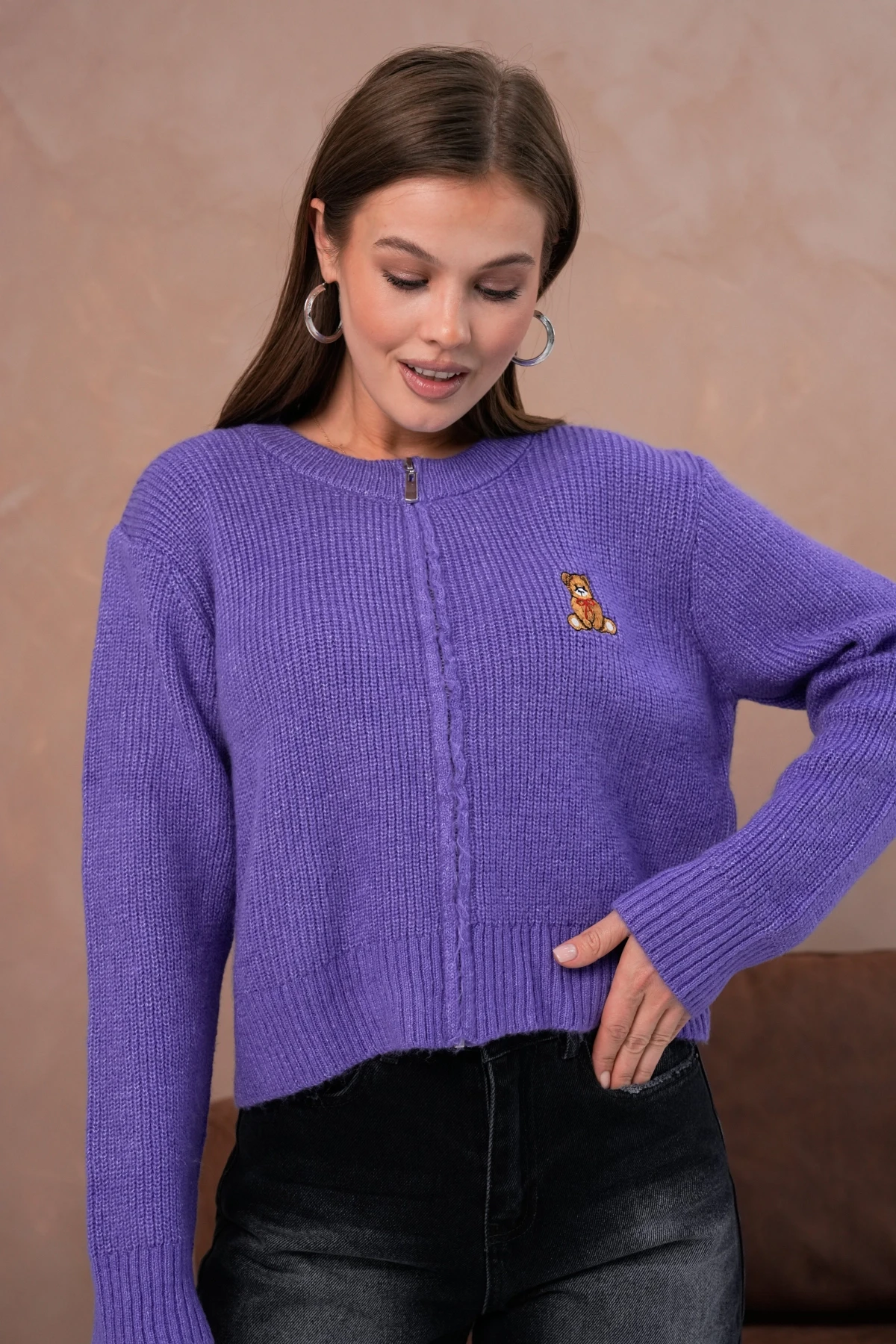 Kadın Bisiklet Yaka Fermuar Kapama Nakışlı Kaşkorse Triko Hırka