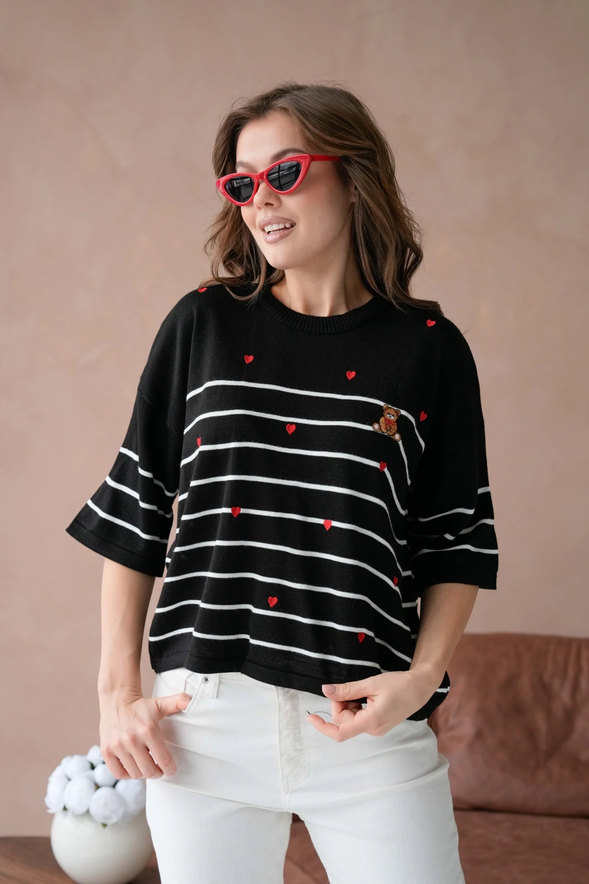 Kadın Bisiklet Yaka Nakış Detay Çizgili Triko Kazak