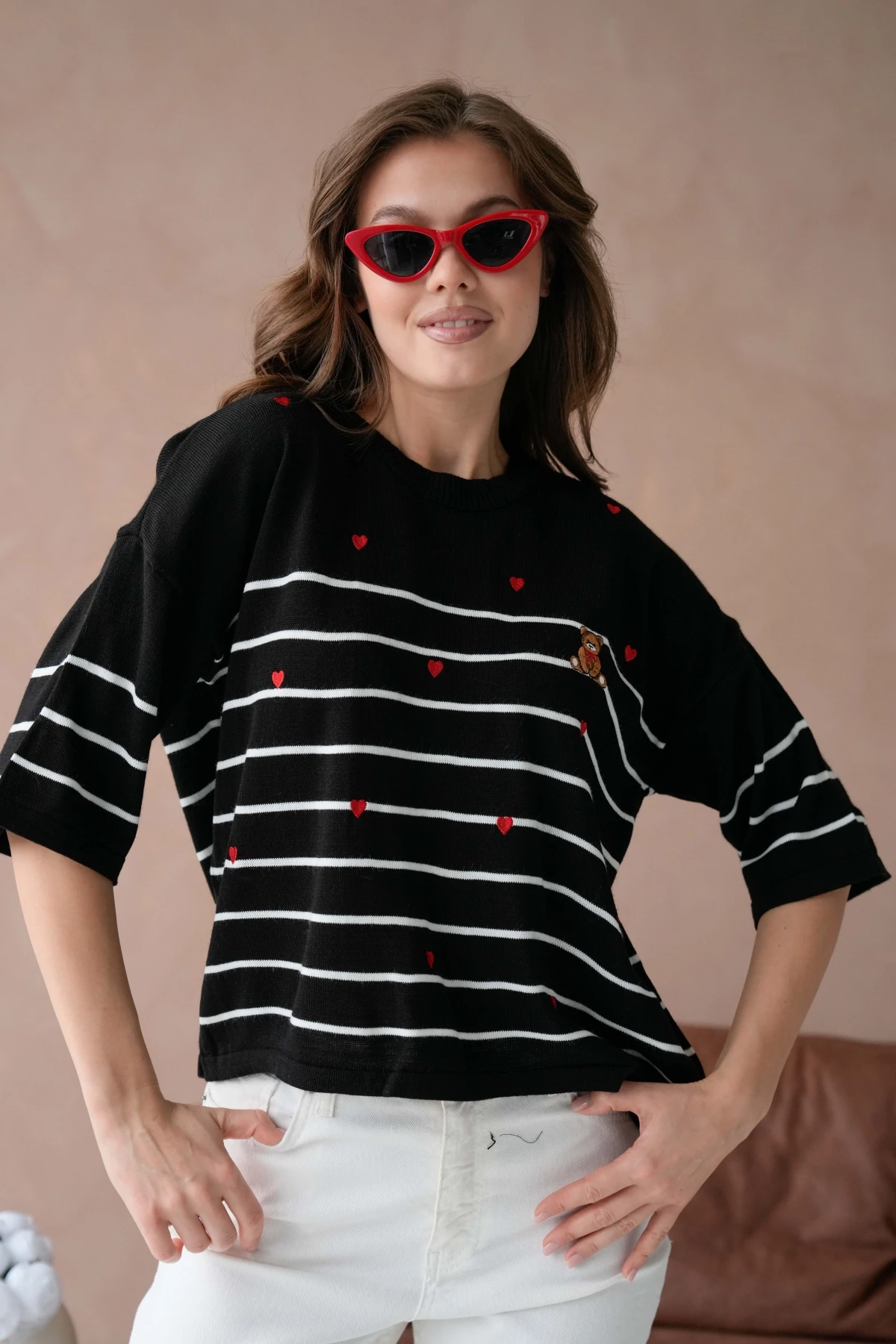 Kadın Bisiklet Yaka Nakış Detay Çizgili Triko Kazak