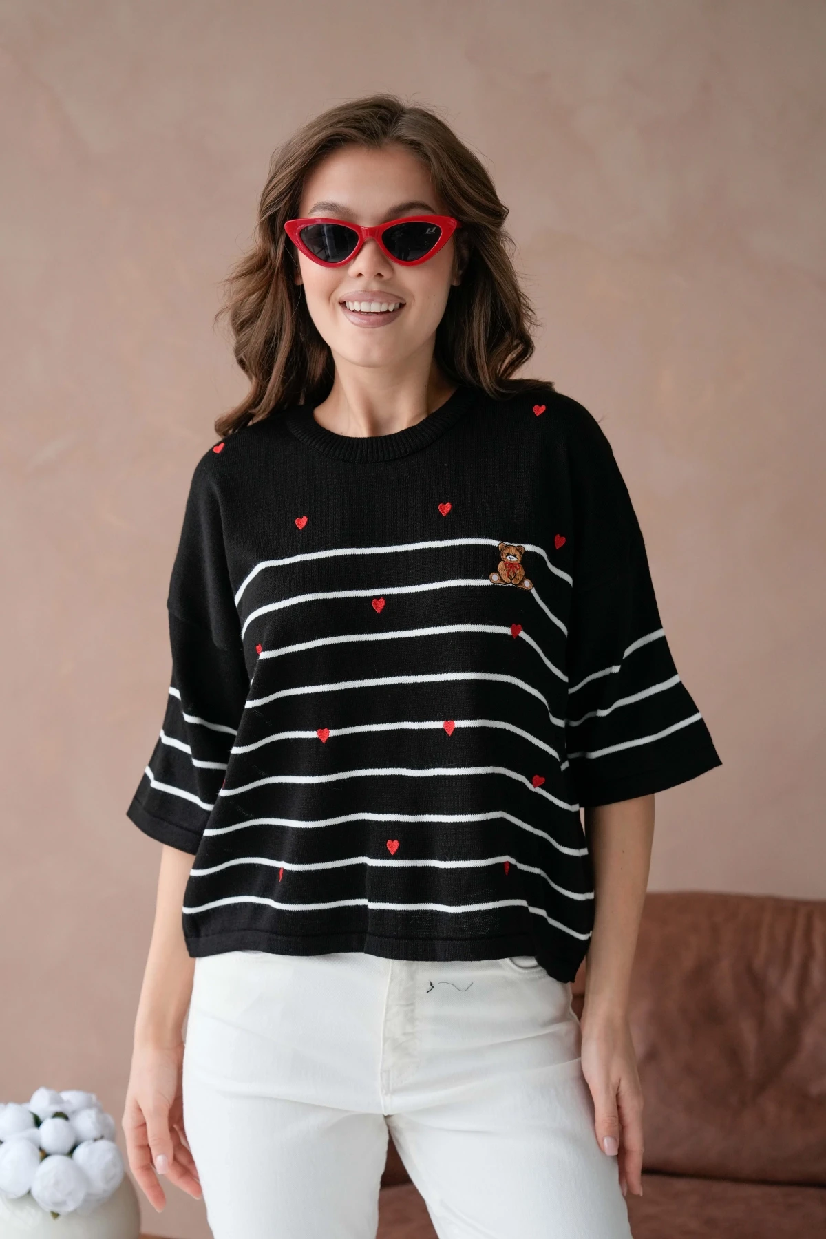 Kadın Bisiklet Yaka Nakış Detay Çizgili Triko Kazak