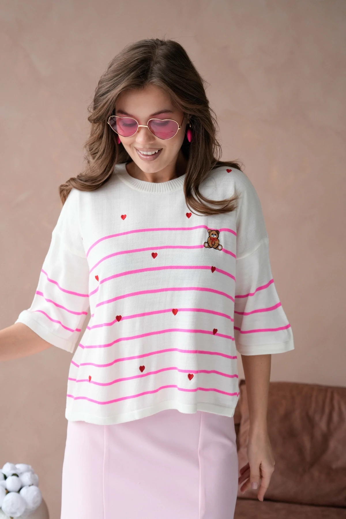 Kadın Bisiklet Yaka Nakış Detay Çizgili Triko Kazak