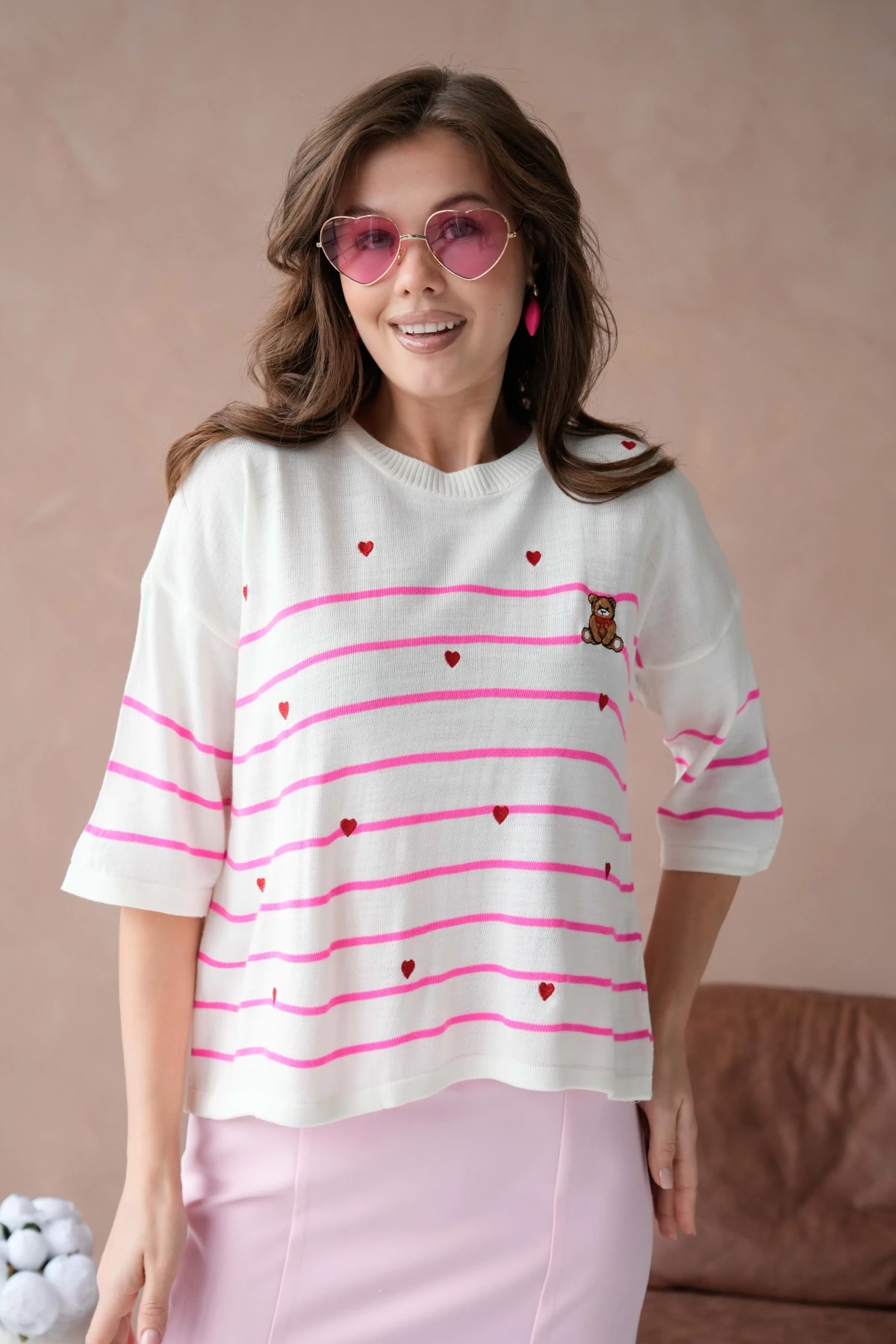 Kadın Bisiklet Yaka Nakış Detay Çizgili Triko Kazak