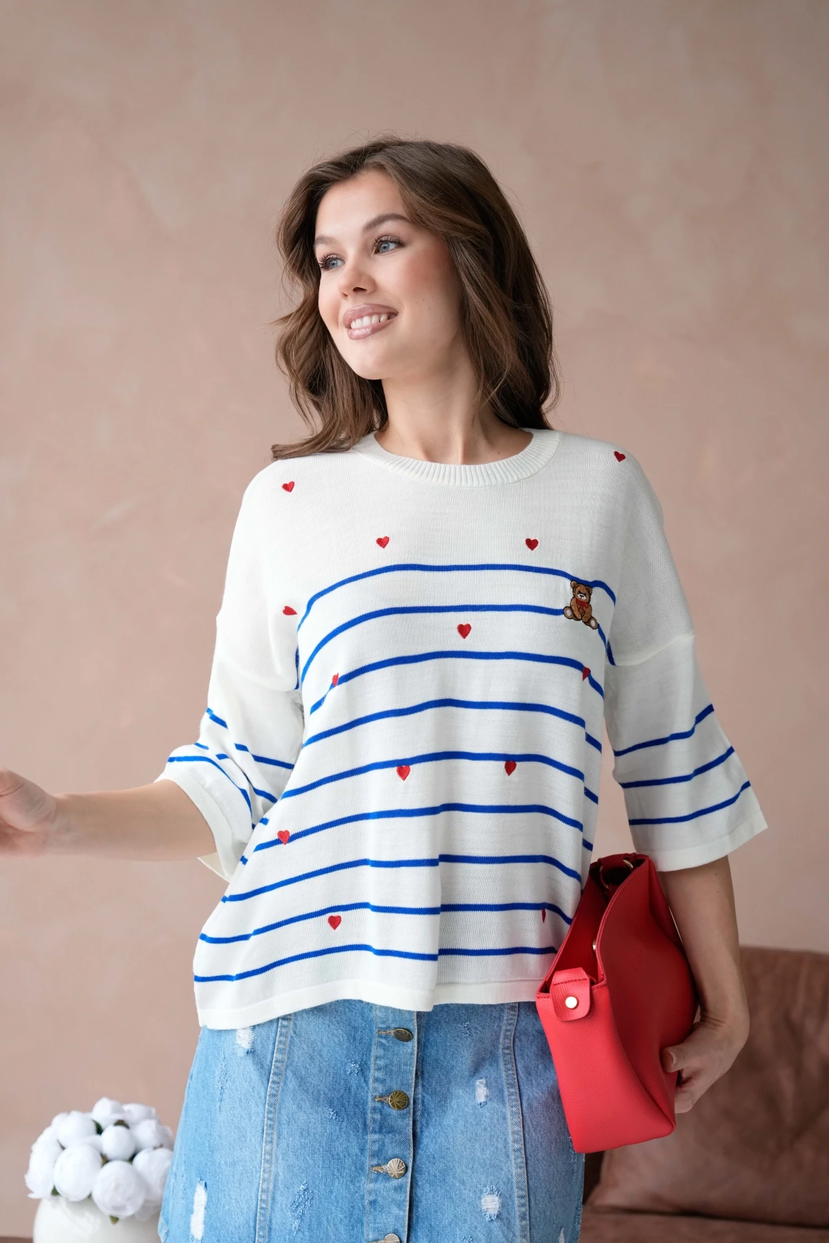 Kadın Bisiklet Yaka Nakış Detay Çizgili Triko Kazak