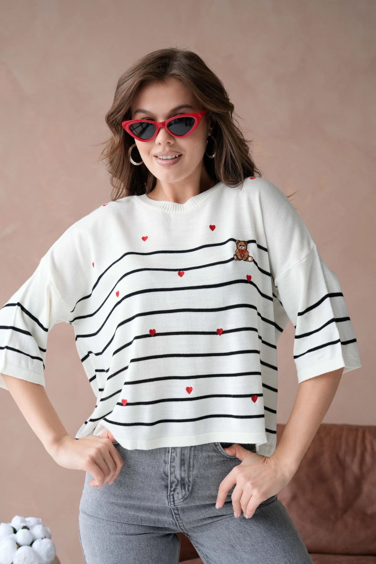 Kadın Bisiklet Yaka Nakış Detay Çizgili Triko Kazak