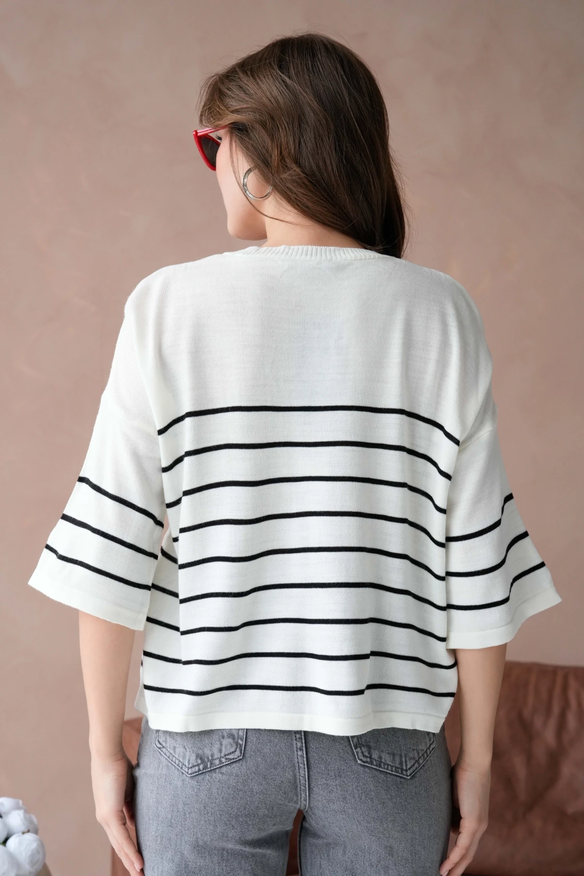 Kadın Bisiklet Yaka Nakış Detay Çizgili Triko Kazak