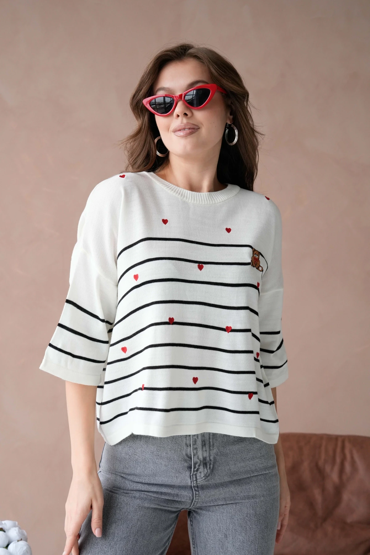 Kadın Bisiklet Yaka Nakış Detay Çizgili Triko Kazak