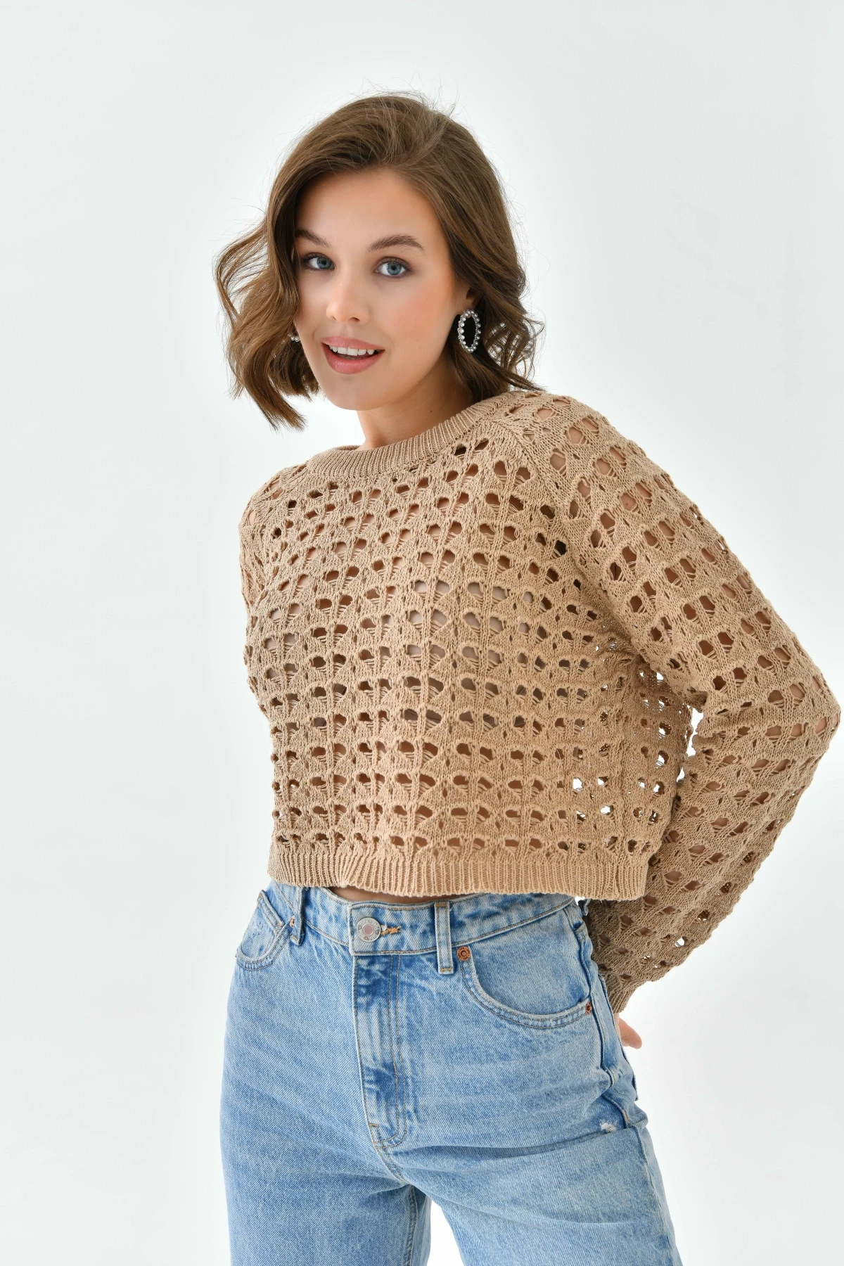 Kadın Bisiklet Yaka Örgü Detay Crop Triko Kazak