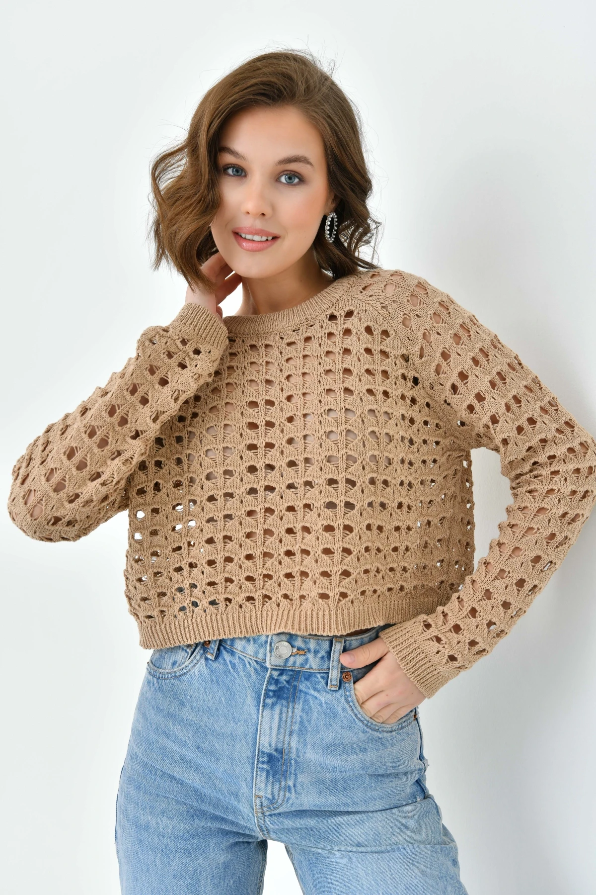 Kadın Bisiklet Yaka Örgü Detay Crop Triko Kazak