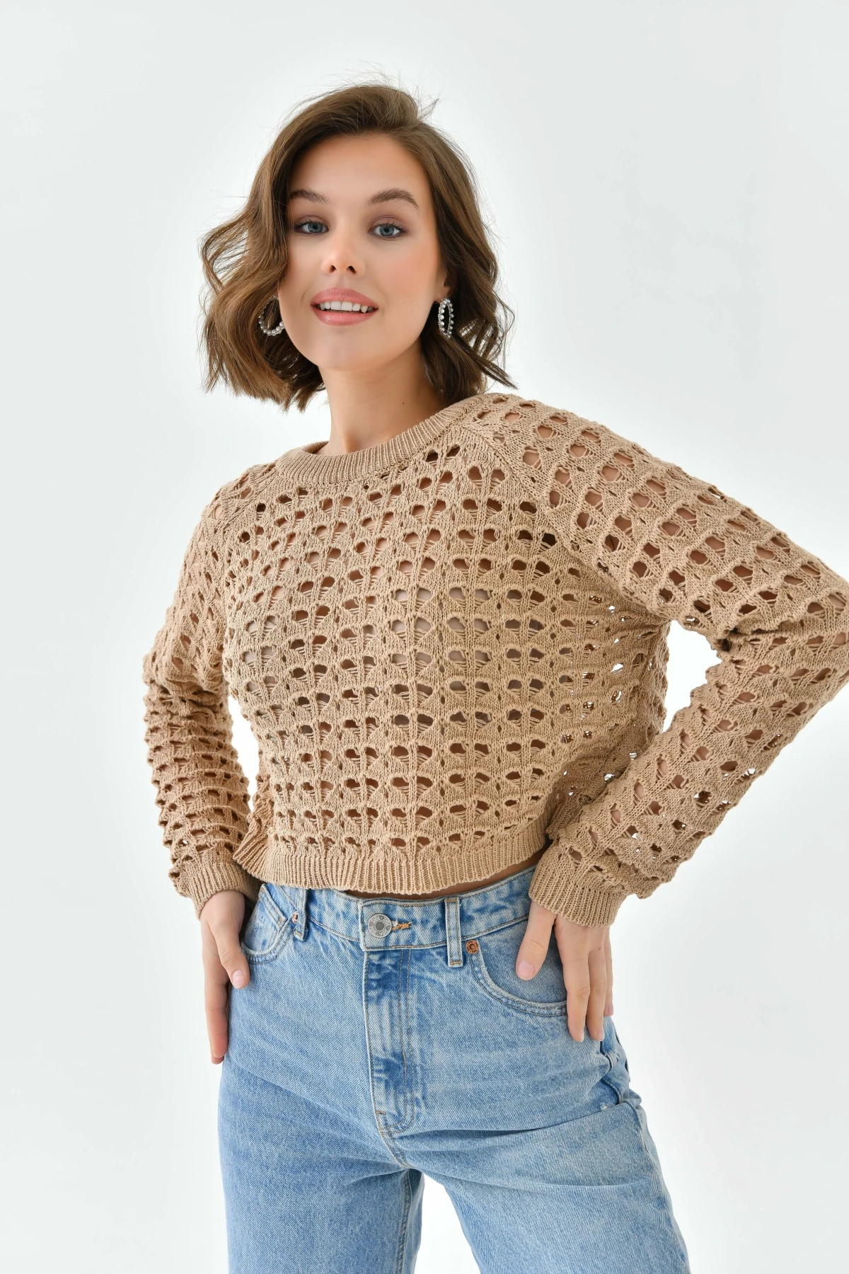 Kadın Bisiklet Yaka Örgü Detay Crop Triko Kazak