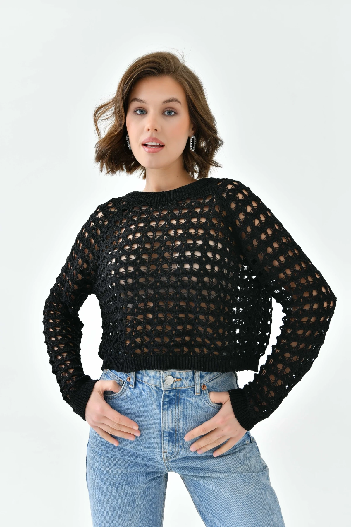 Kadın Bisiklet Yaka Örgü Detay Crop Triko Kazak