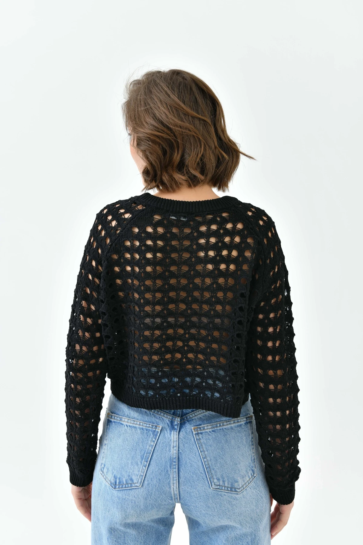 Kadın Bisiklet Yaka Örgü Detay Crop Triko Kazak