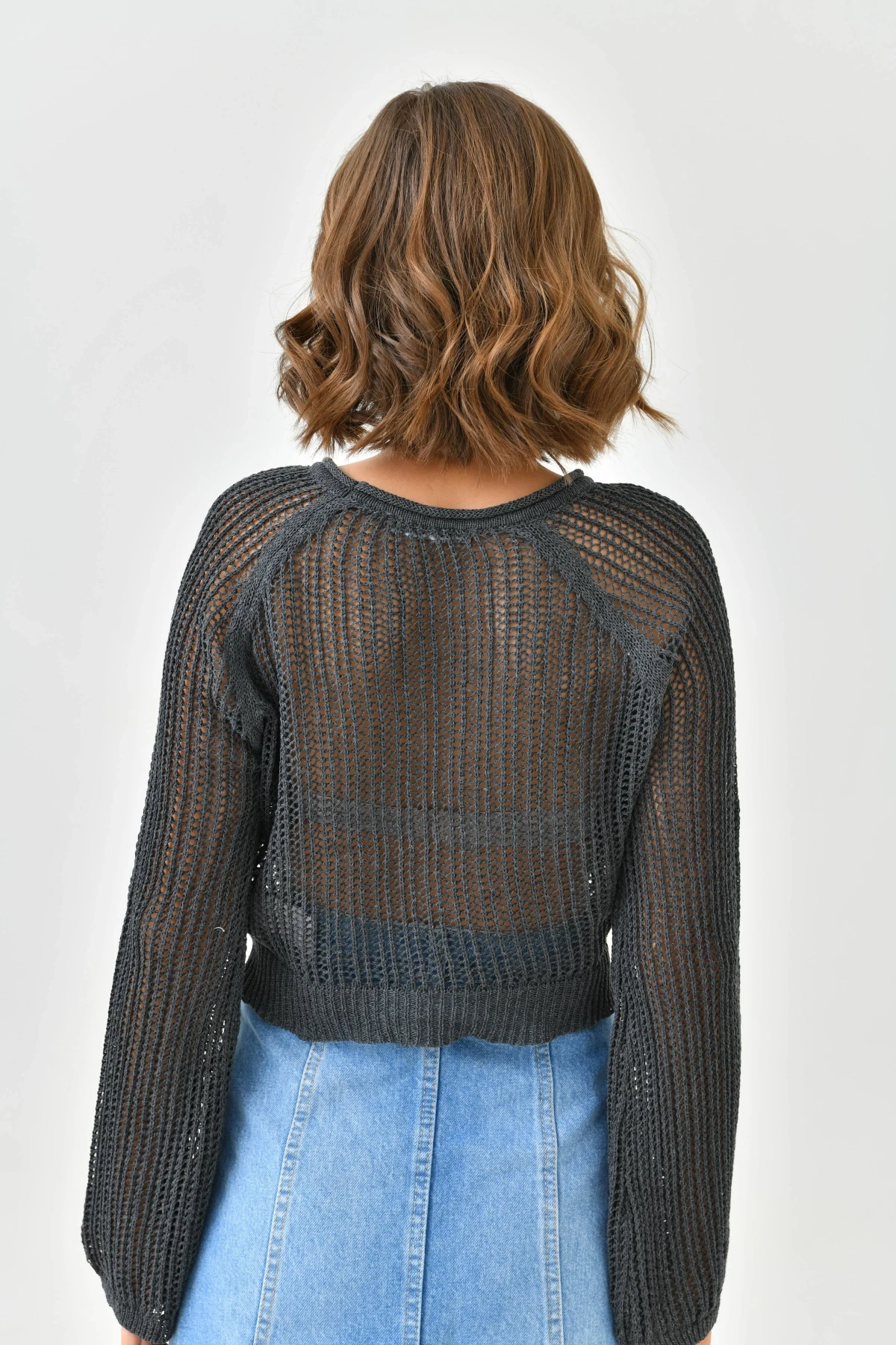 Kadın Bisiklet Yaka Örgü Detay Crop Triko Kazak