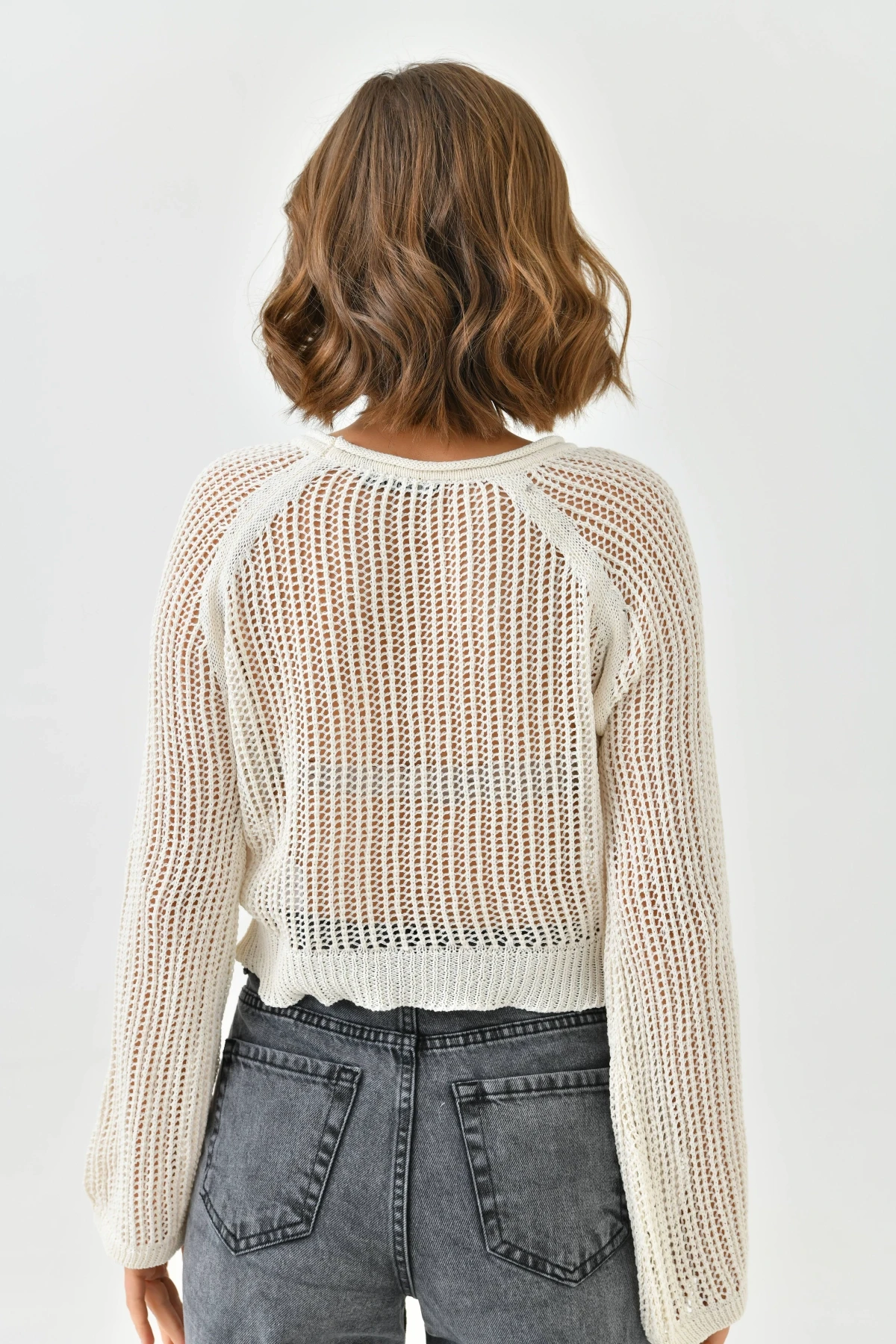 Kadın Bisiklet Yaka Örgü Detay Crop Triko Kazak